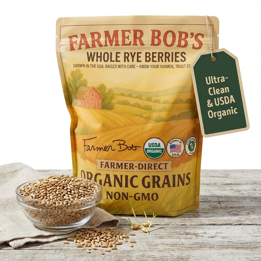 Farmer Bob's Whole Rye Berries 5lb Bag - USDA Organic, Grown in USA, Glyphosate-Free - Ideal for Bread Baking, Bulk Grain, Rich Flavor - Direct from Farm - High-Fiber, Nutrient-Packed, Versatile for Creative Cooking