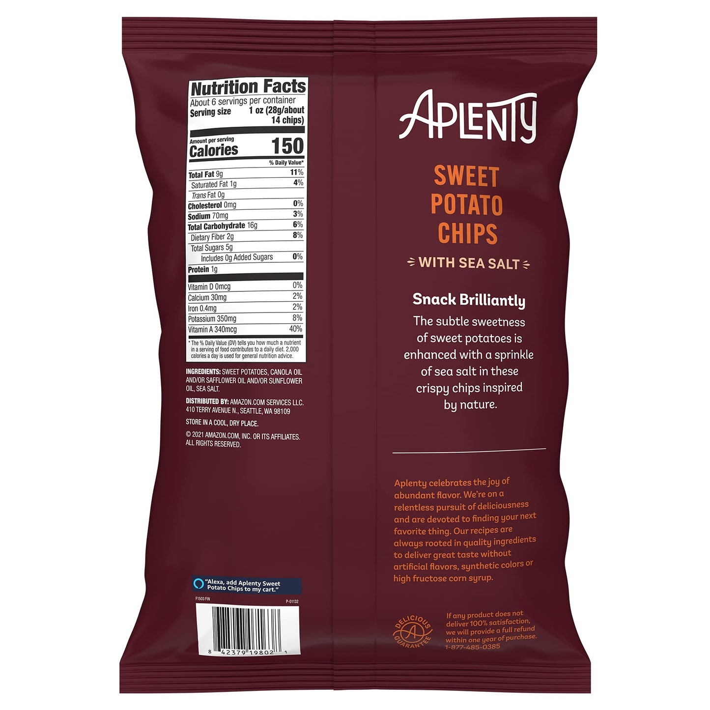 Amazon Brand, Aplenty Sweet Potato Chips, 5.75 Oz