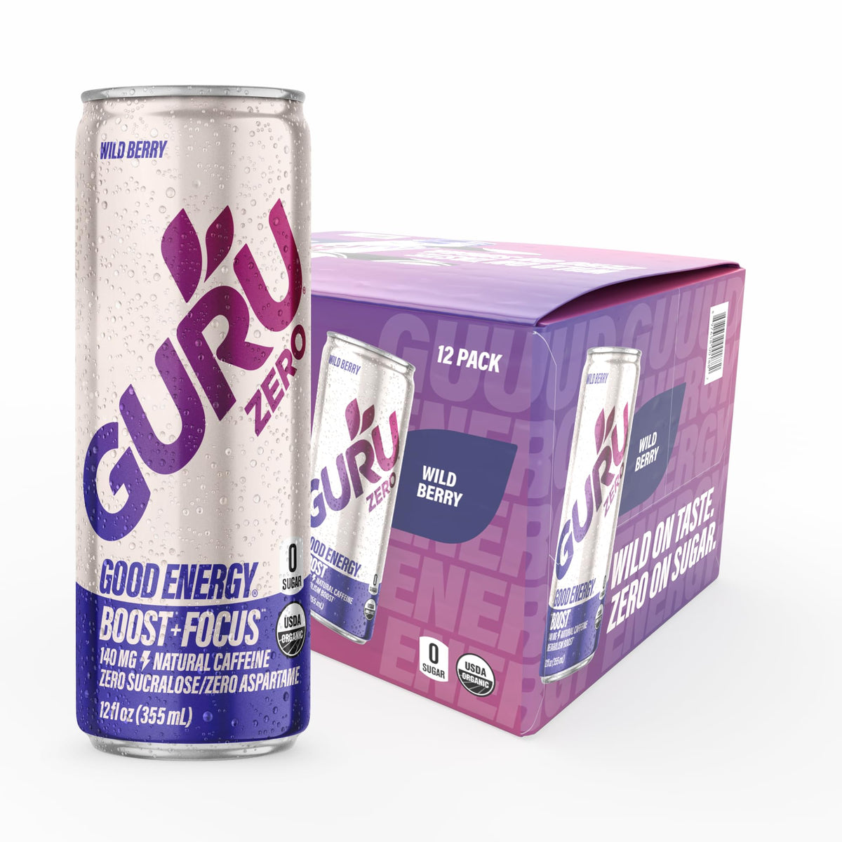 GURU Zero Sugar Organic Energy Drink, Wild Berry, 12 Fl Oz, 12 Pack