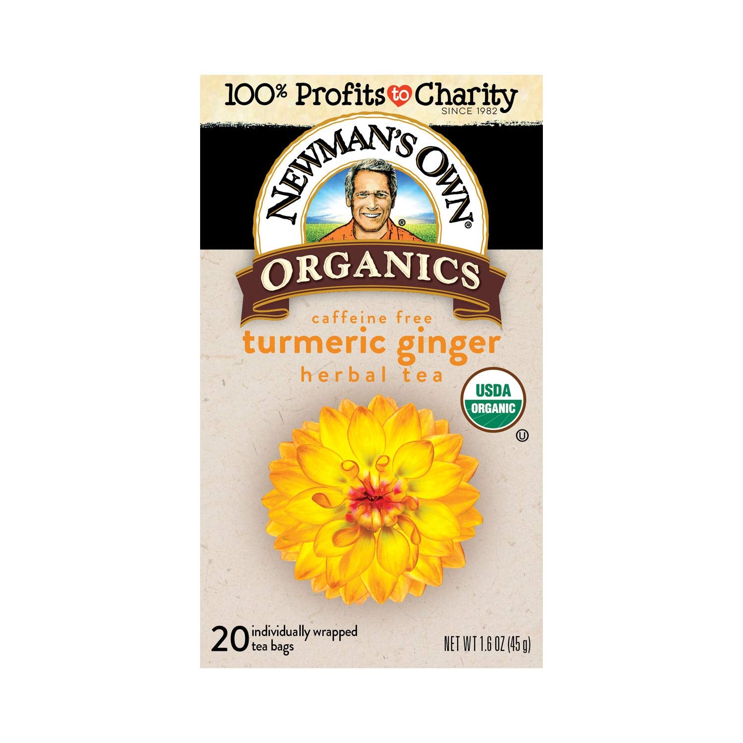 Newman's Own Organic Turmeric Ginger Herbal Tea, Caffeine-Free, Savory & Spicy Flavors Combined For The Perfect Cup Of Tea, 6 Pack Of 20 Tea Bags