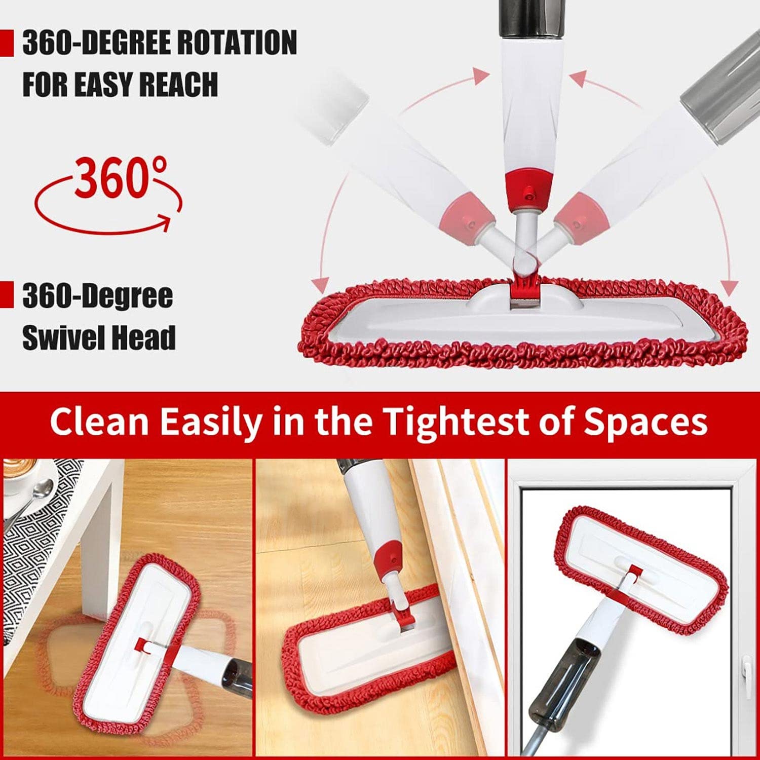 Spray Mops for Floor Cleaning, Microfiber Spray Cleaning Mop Kit with 3 Reusable Washable Pads 700ML Refillable Bottle and Scrubber Flat Mop with 360