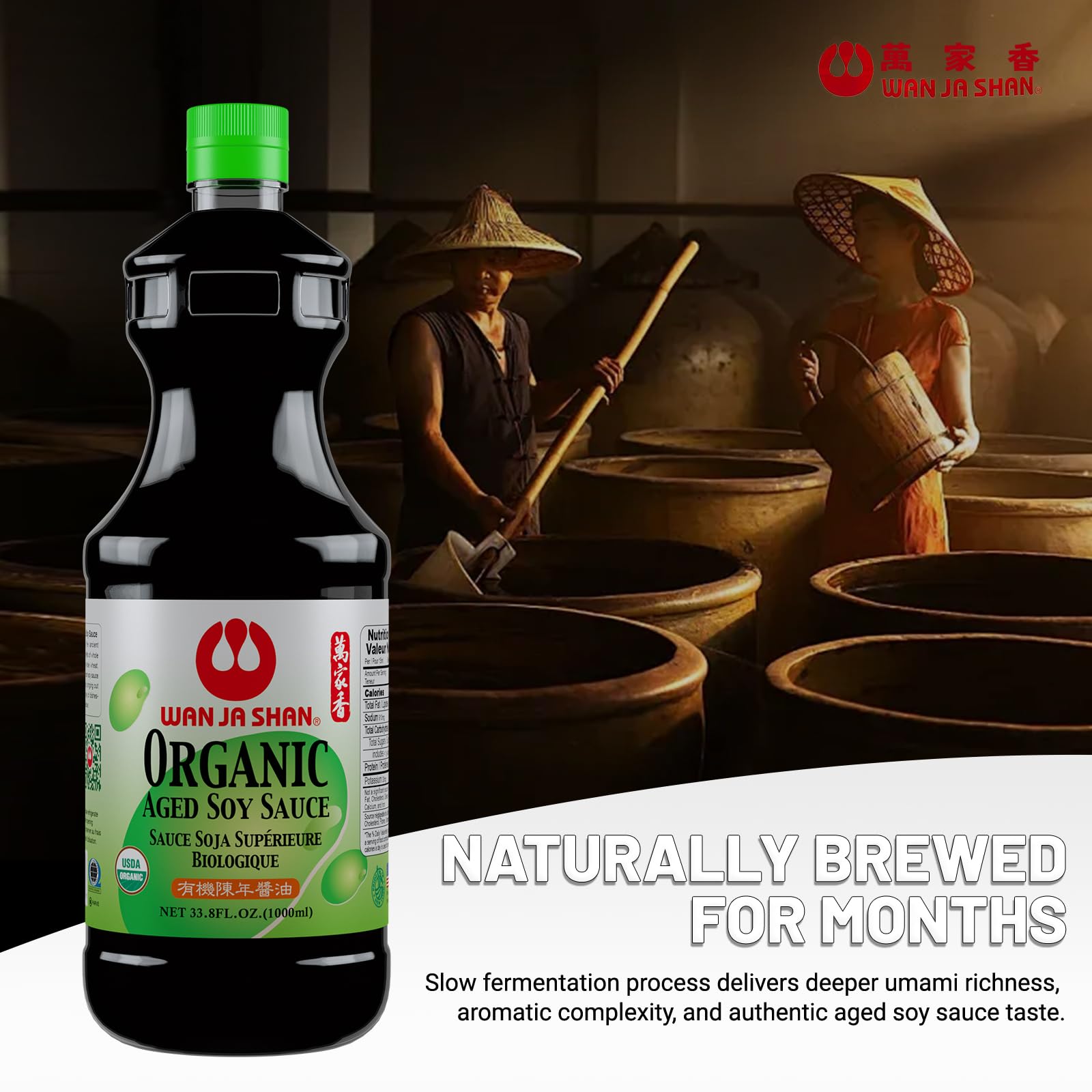 Wan Ja Shan Organic Aged Soy Sauce 33.8 oz - K-Parve, Naturally Brewed with Organic Soybeans | Rich, Slow-Aged Flavor | Non-GMO, No MSG, Traditional