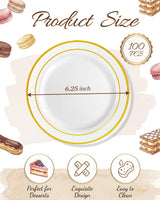 bUCLA 100Pieces Gold Plastic Plates - 6.25inch White with Gold Rim Disposable Salad/Dessert/Appetizer/Small Cake Plates Premium Hard - Ideal