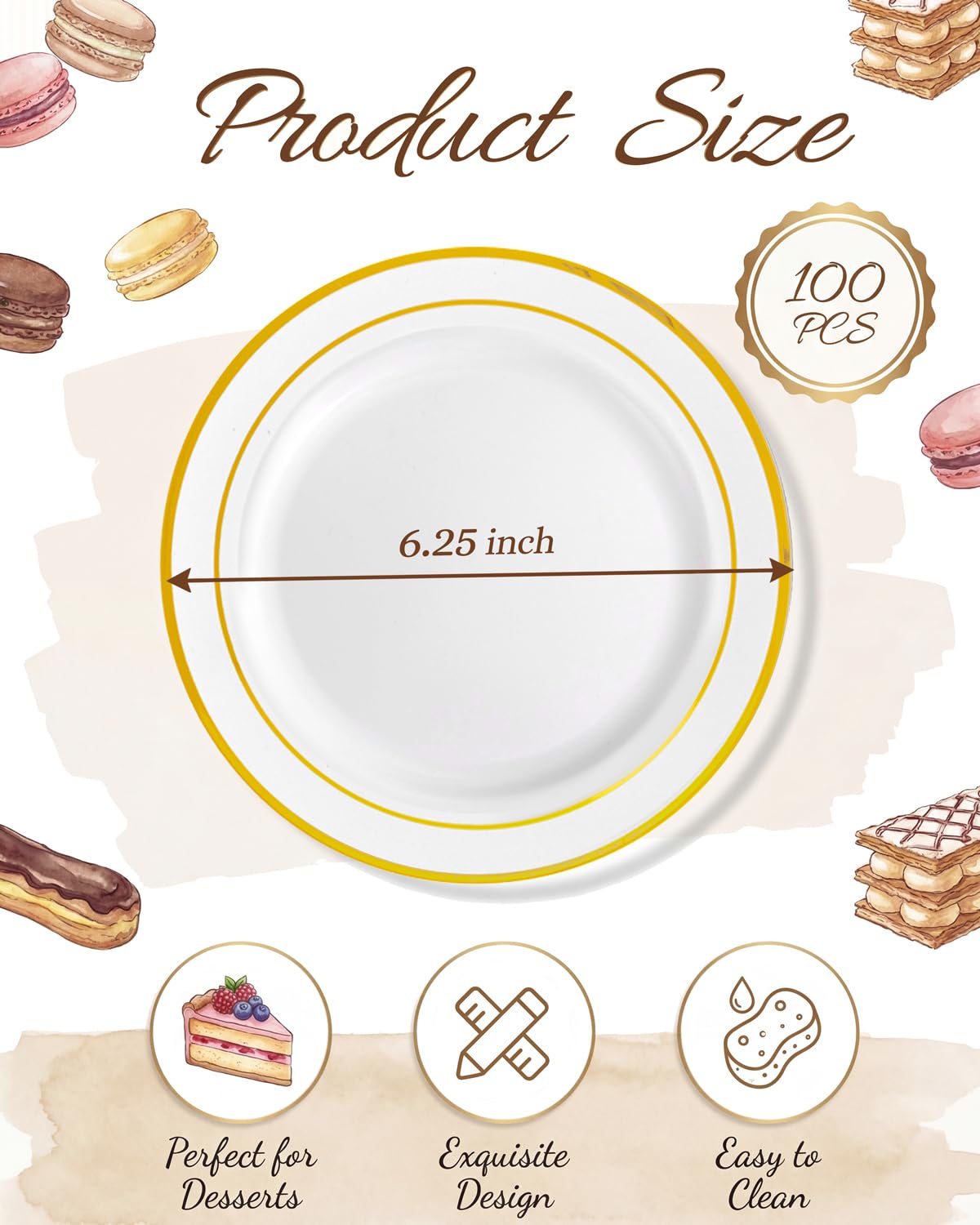 bUCLA 100Pieces Gold Plastic Plates - 6.25inch White with Gold Rim Disposable Salad/Dessert/Appetizer/Small Cake Plates Premium Hard - Ideal