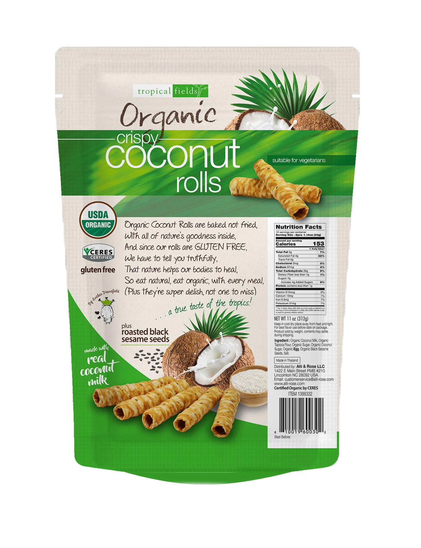 Tropical Fields Crispy Coconut Rolls (11oz) - Organic, Gluten Free, Dairy Free