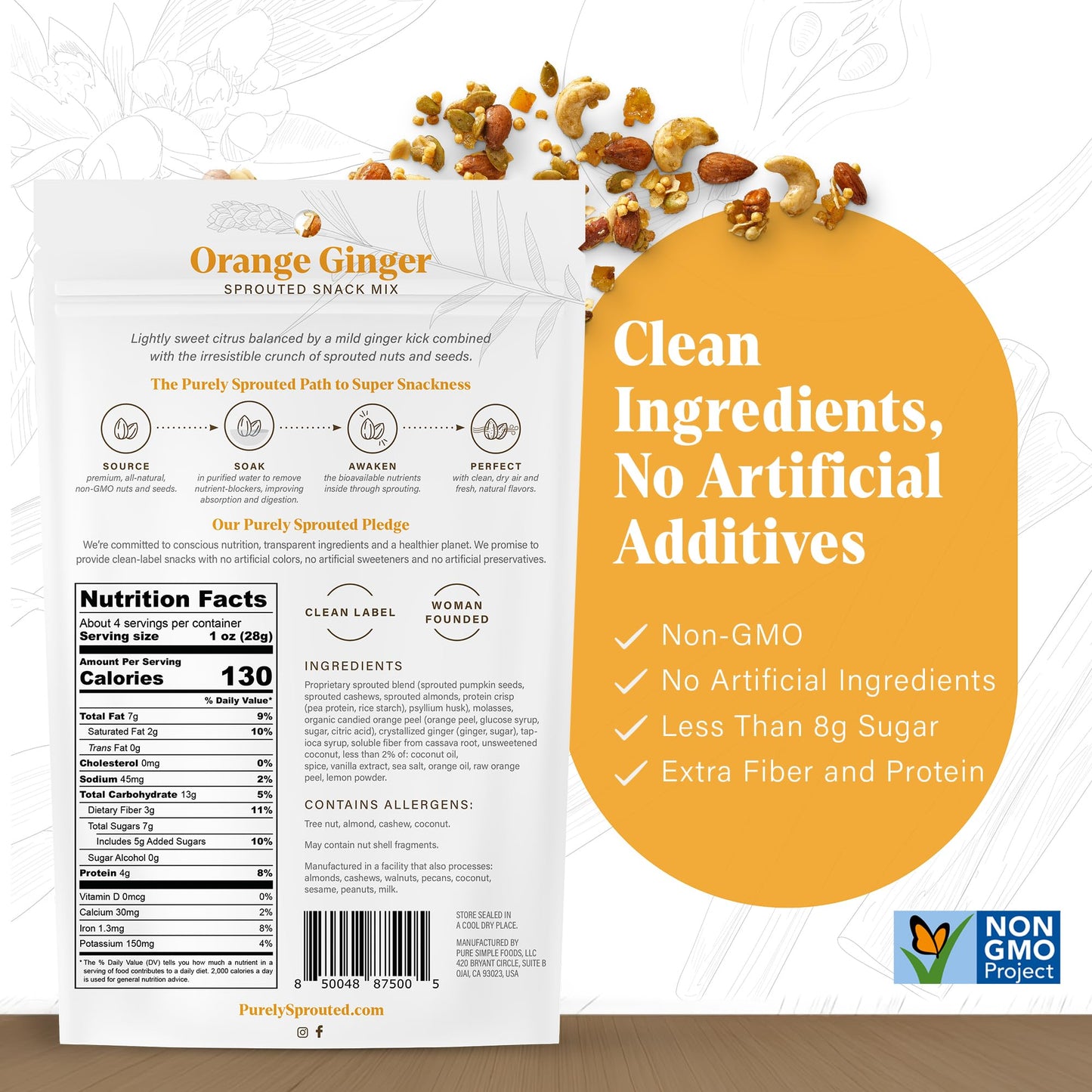 Purely Sprouted Orange Ginger Sprouted Snack Mix with Almond, Cashew Nuts & Pumpkin Seeds - Grain and Gluten Free, Non-GMO, Vegan - Ideal