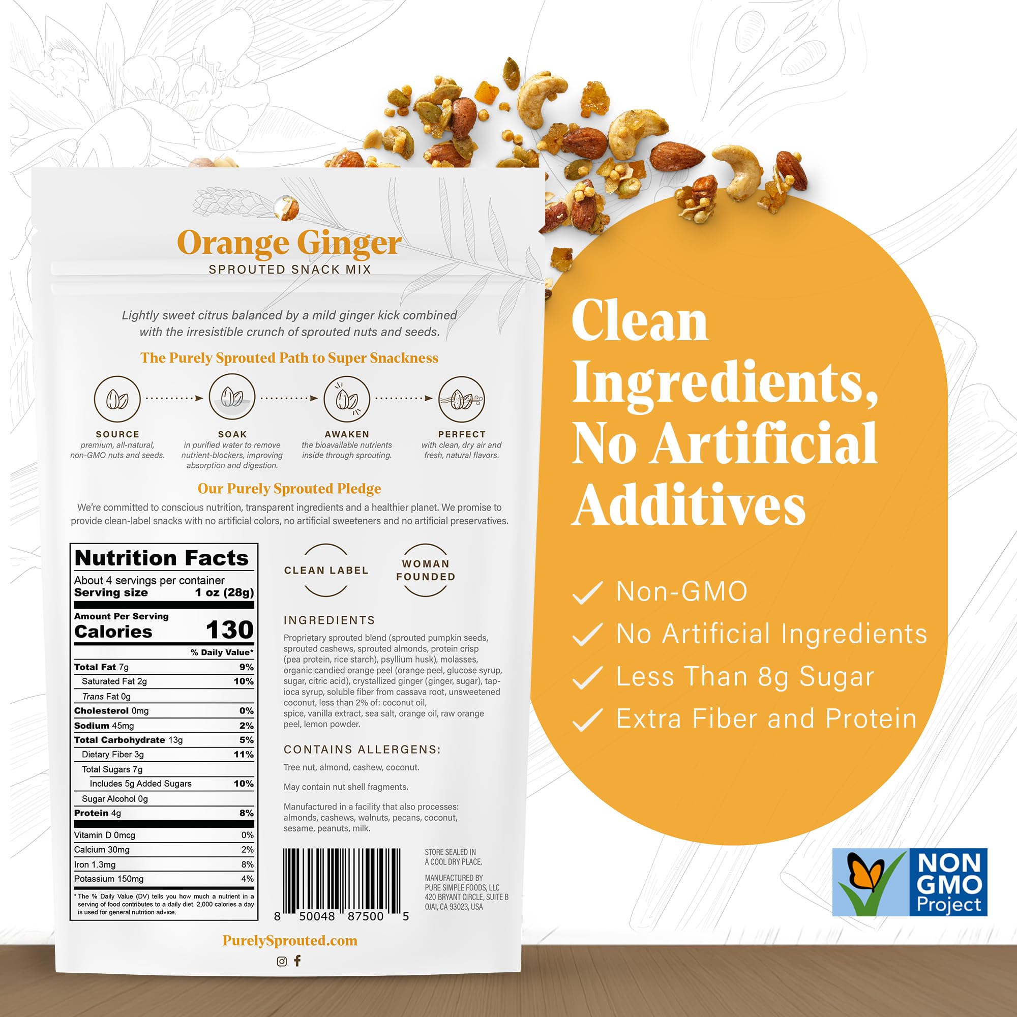 Purely Sprouted Orange Ginger Sprouted Snack Mix with Almond, Cashew Nuts & Pumpkin Seeds - Grain and Gluten Free, Non-GMO, Vegan - Ideal
