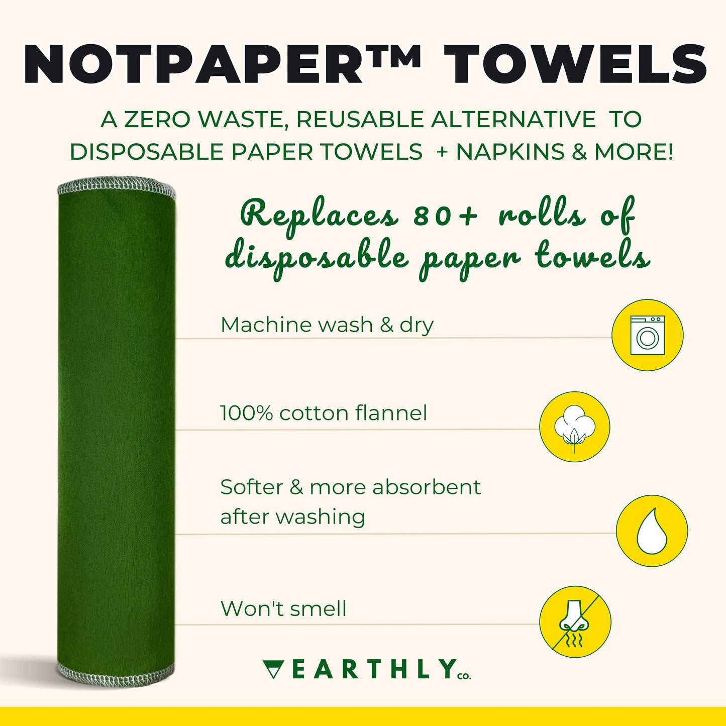 Earthly Co. Reusable Paper Towels - 24 Pack - Roll of Washable Cotton Cloth Paper Towels - Paperless Reusable Napkins Cloth Washable - Absorbent +