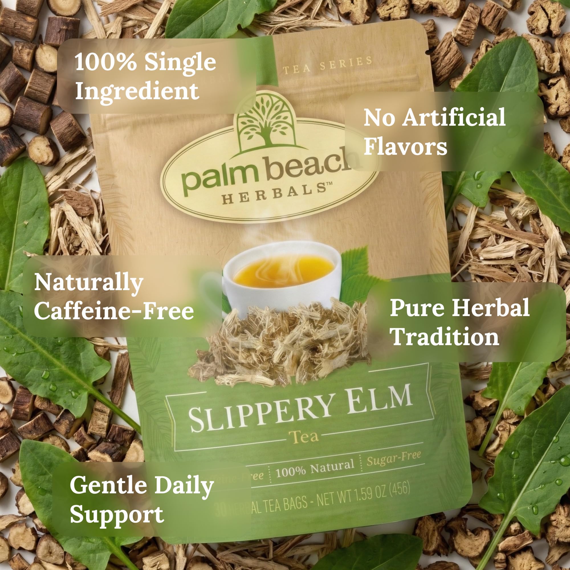 Palm Beach Medicinal Herbs Slippery Elm Tea - Slippery Elm Bark for Throat, Digestive and Wellness Support - Caffeine Free - Sugar Free - 30 Herbal
