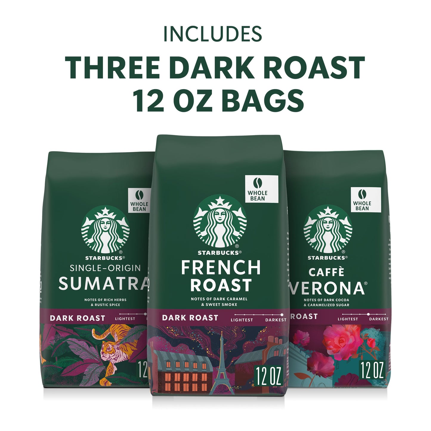 Starbucks Whole Coffee Beans, Dark Roast Hot or Iced Coffee, Variety Pack, Three 12 oz Bags
