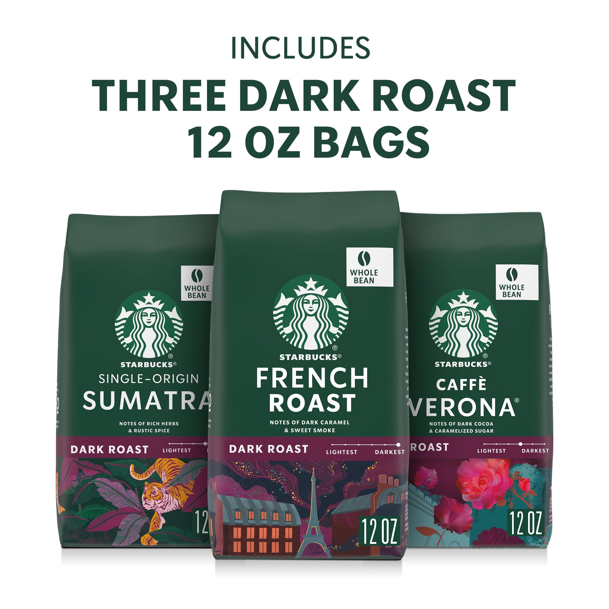 Starbucks Whole Coffee Beans, Dark Roast Hot or Iced Coffee, Variety Pack, Three 12 oz Bags
