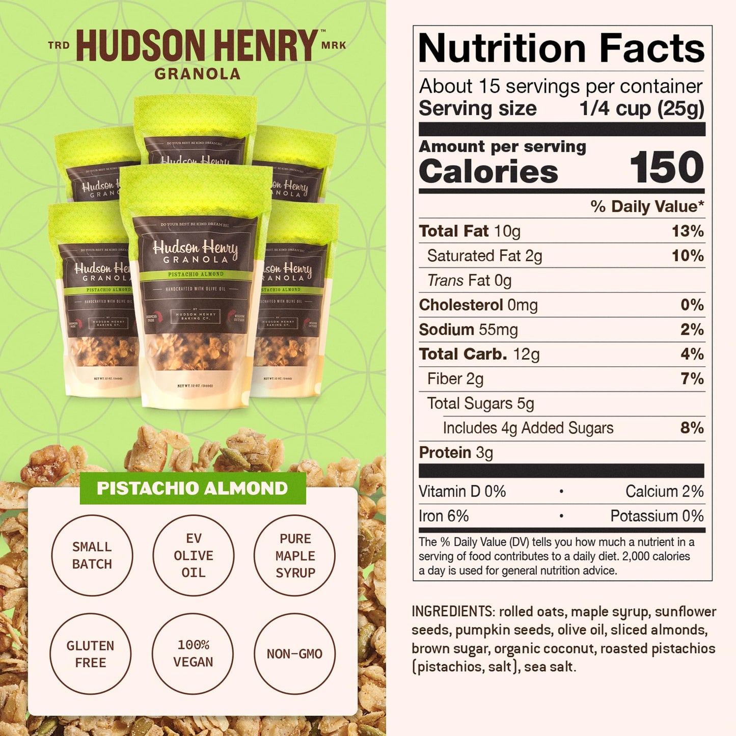 Hudson Henry Pistachio Almond Granola | Gluten Free Granola with Nuts and Seeds | Vegan, Non-GMO & Small Batch Baked with Pure Maple Syrup & Extra