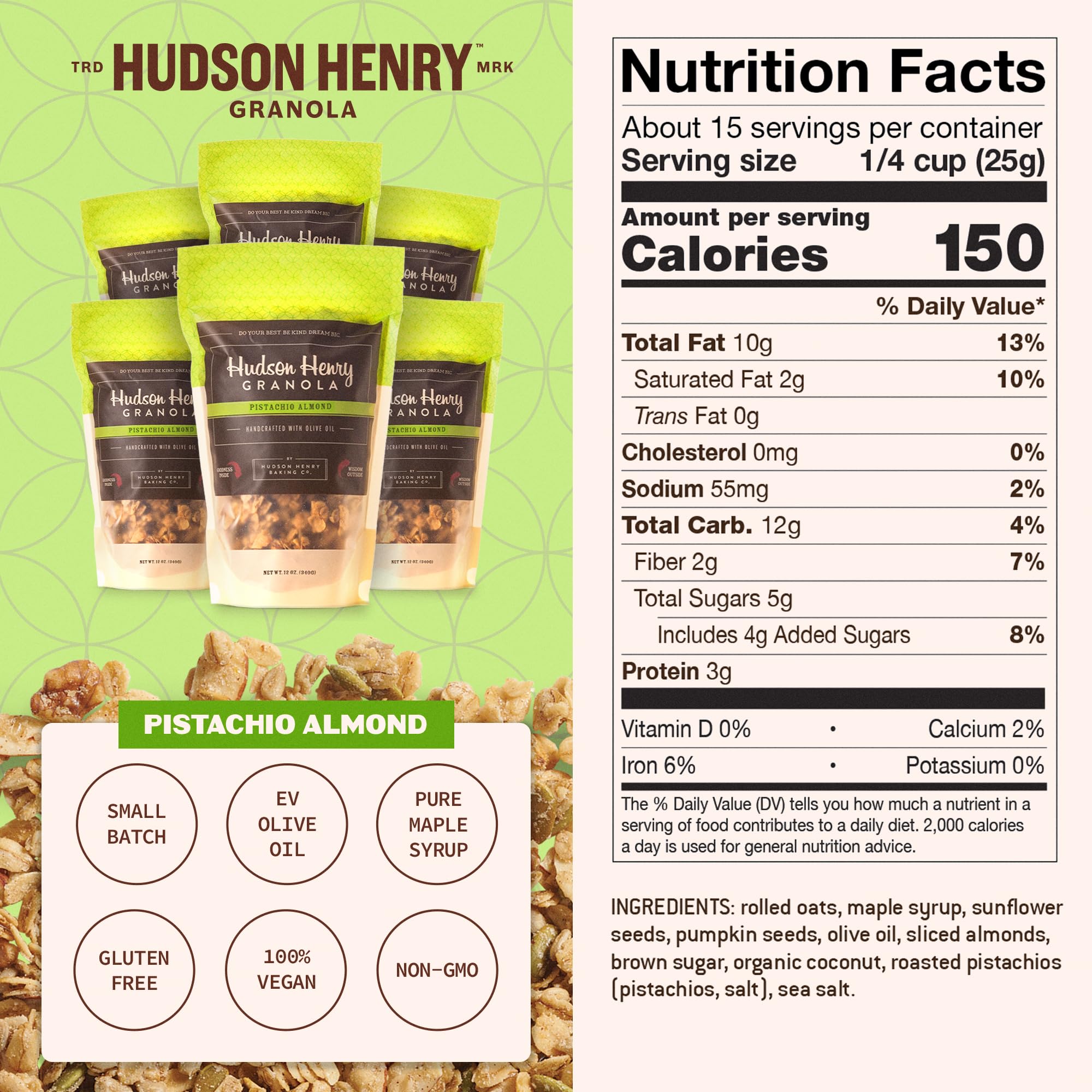 Hudson Henry Pistachio Almond Granola | Gluten Free Granola with Nuts and Seeds | Vegan, Non-GMO & Small Batch Baked with Pure Maple Syrup & Extra