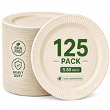 Compostable Plates 8.86 Inch, 125 Pack Heavy Duty, Leak Proof, Microwave Safe Bagasse Plates, Extra Sturdy, Oil Resistant, Eco Friendly Disposable