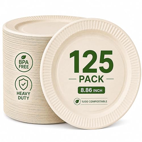 Compostable Plates 8.86 Inch, 125 Pack Heavy Duty, Leak Proof, Microwave Safe Bagasse Plates, Extra Sturdy, Oil Resistant, Eco Friendly Disposable