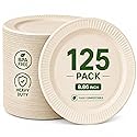Compostable Plates 8.86 Inch, 125 Pack Heavy Duty, Leak Proof, Microwave Safe Bagasse Plates, Extra Sturdy, Oil Resistant, Eco Friendly Disposable