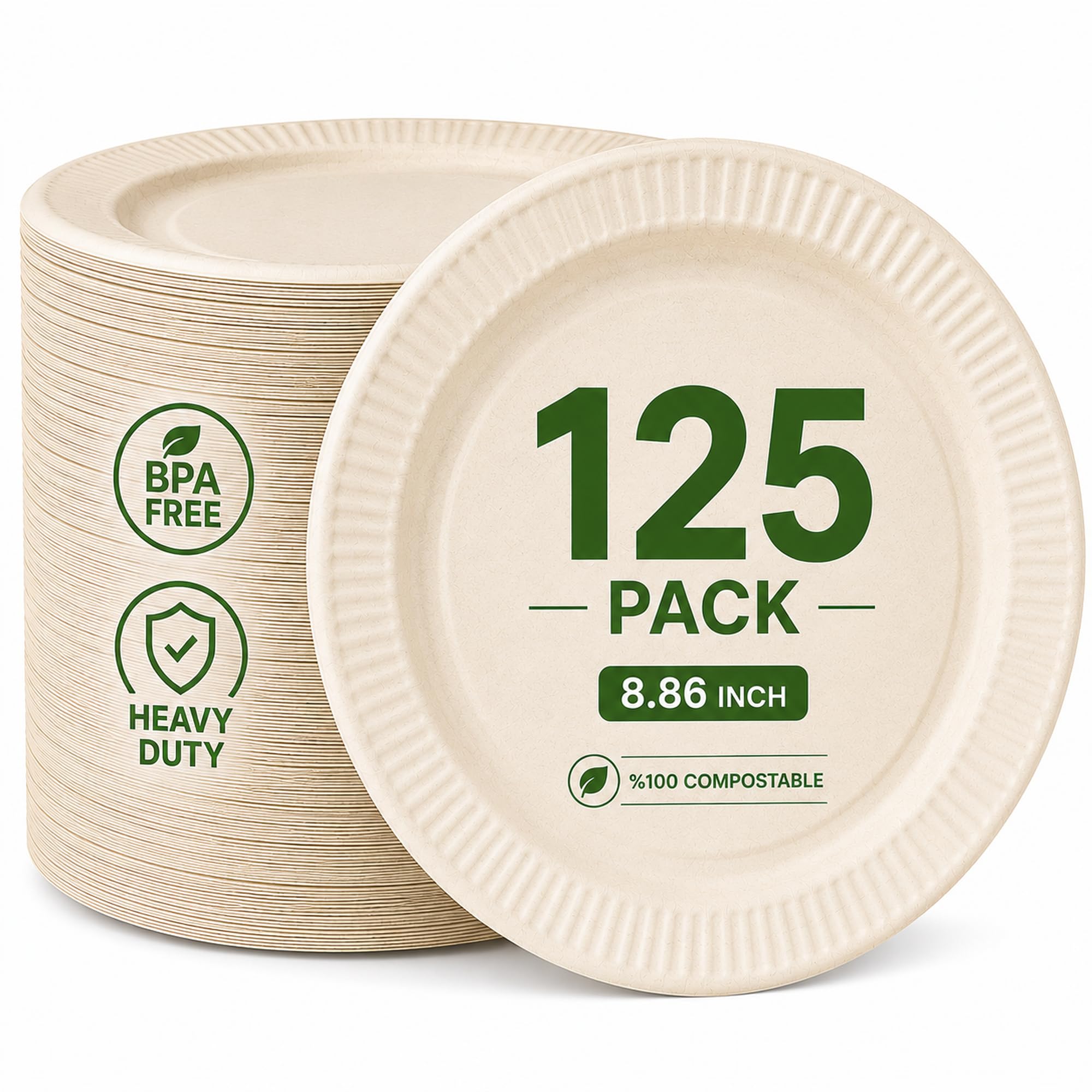 Compostable Plates 8.86 Inch, 125 Pack Heavy Duty, Leak Proof, Microwave Safe Bagasse Plates, Extra Sturdy, Oil Resistant, Eco Friendly Disposable