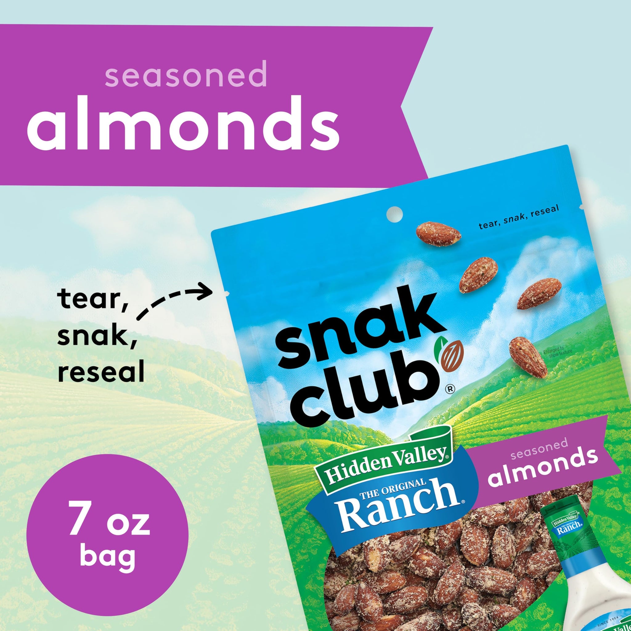 Snak Club Almonds with Hidden Valley Ranch Seasoning, Roasted Almonds, Gluten-Free and Kosher Snack, 7 oz Resealable Bag