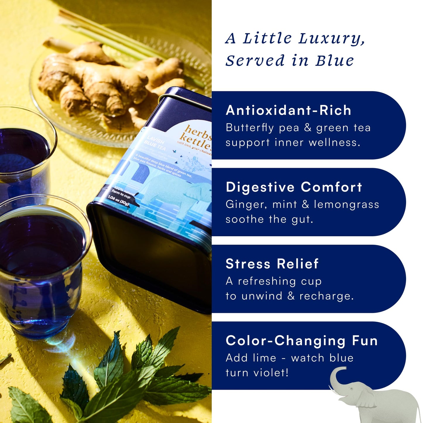 Herbs & Kettles Lavish Blue Tea | Butterfly Pea Flower & Darjeeling Green Tea with Lemongrass, Ginger & Mint | Color-Changing Herbal Tea | 1.06 oz