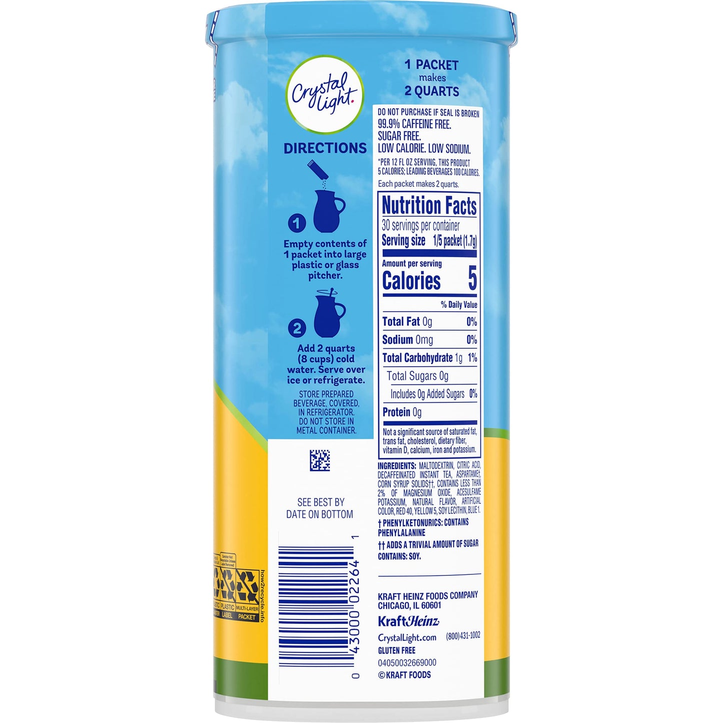 Crystal Light Iced Tea Decaffeinated Lemon Natural Flavor, 1.5-Ounce Canister (Pack of 6)