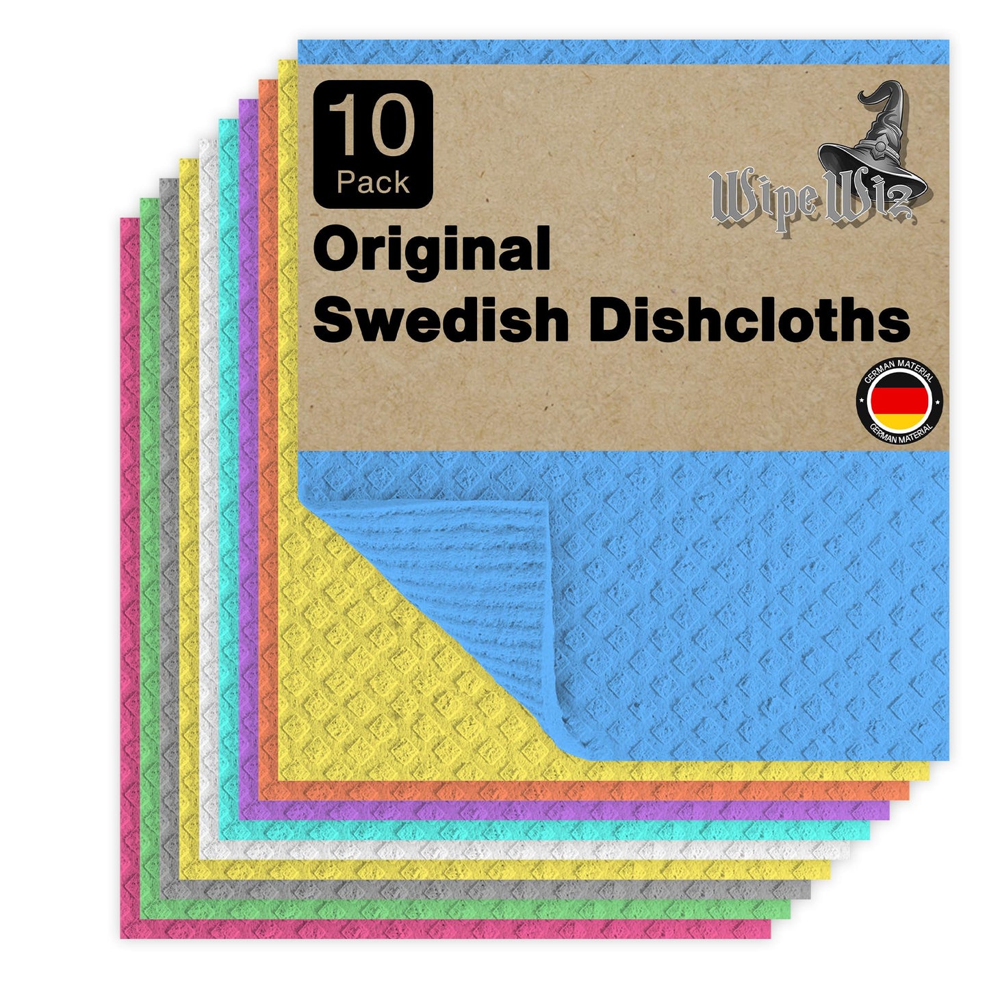 WipeWiz - Swedish DishCloths - 10 Pack (Assorted), (German Material) Reusable Cellulose Sponge Cloth for Kitchen - Household, Highly Absorbent