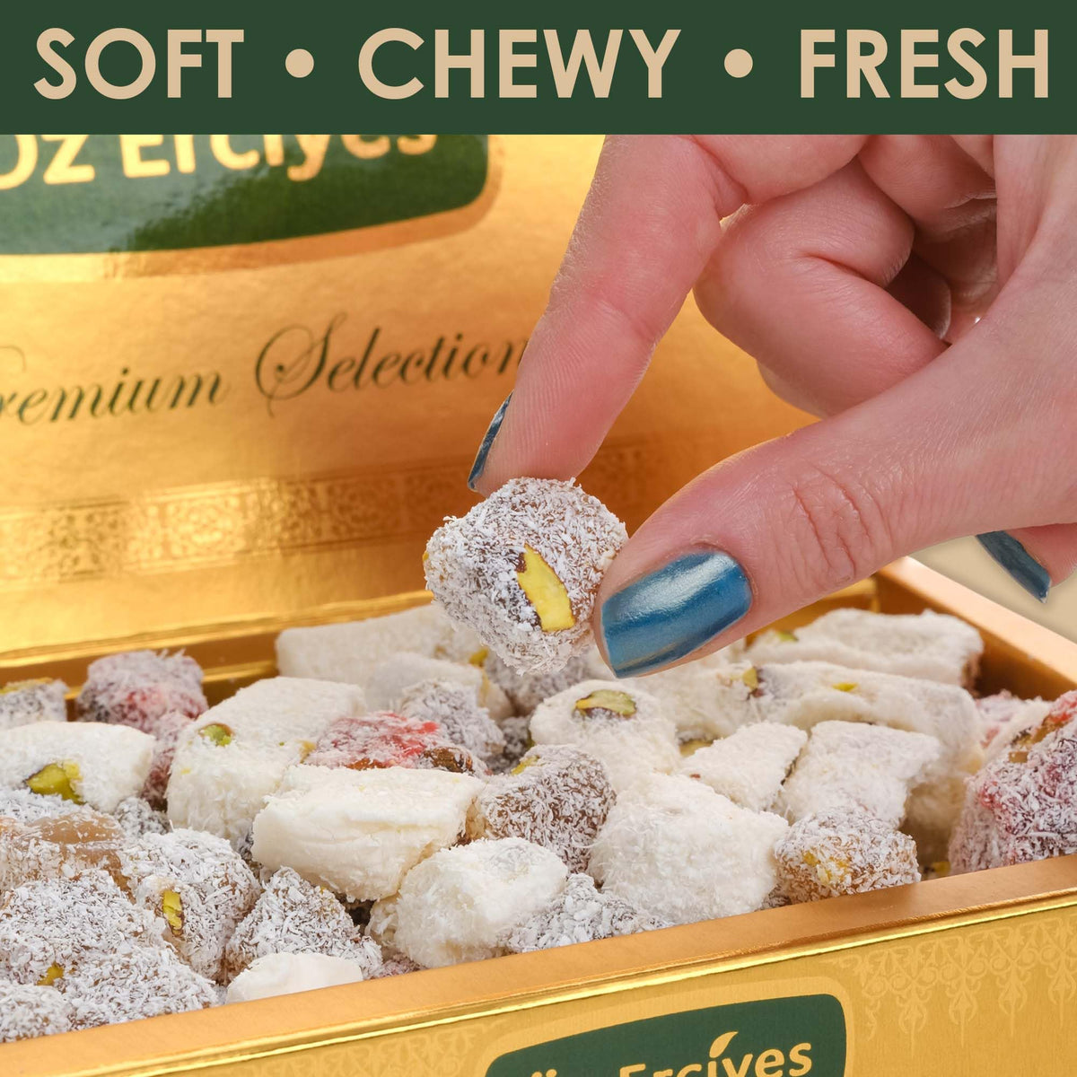 Assorted Turkish Delight Mix - Pistachio, Pomegranate, Milk & Coconut Walnut Lokum, Gourmet Turkish Candy Gift Box, Dulces Turcos, 17.6 oz (500g)