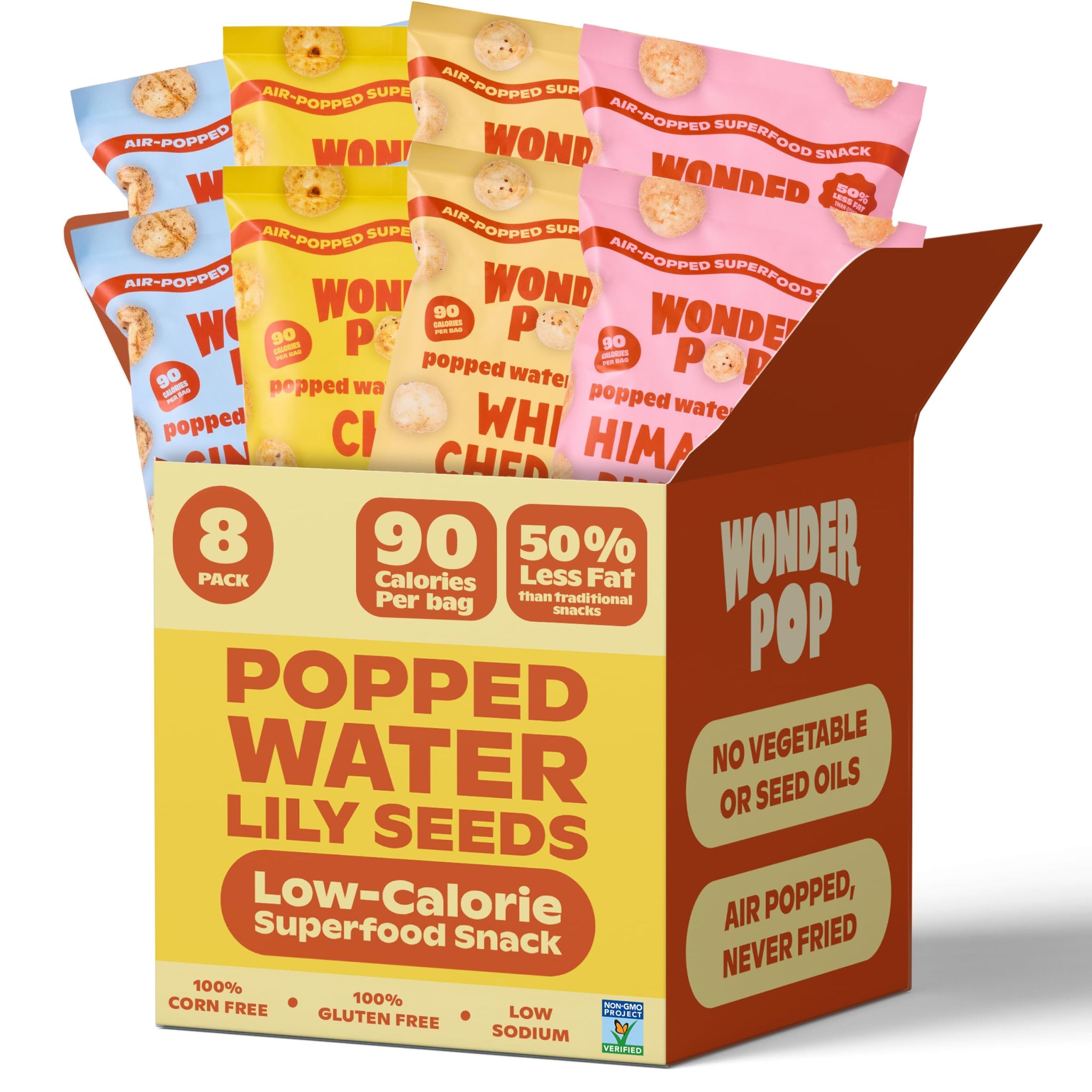 WonderPop Variety Pack - Popped Water Lily Seeds (8-Pack) | Gluten-Free, Non-GMO, 6g Protein, 90 Calorie | Healthy Low-Calorie Snack Mix Made