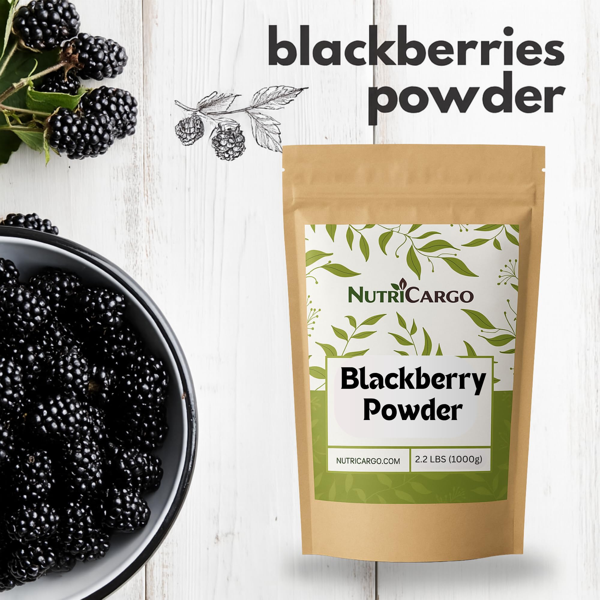 NutriCargo Blackberry Powder 2.2 lbs (1000g) - Made from Fresh Frozen Blackberries - Fine Fruit Powder for Smoothies, Baking, Flavoring & Culinary Use