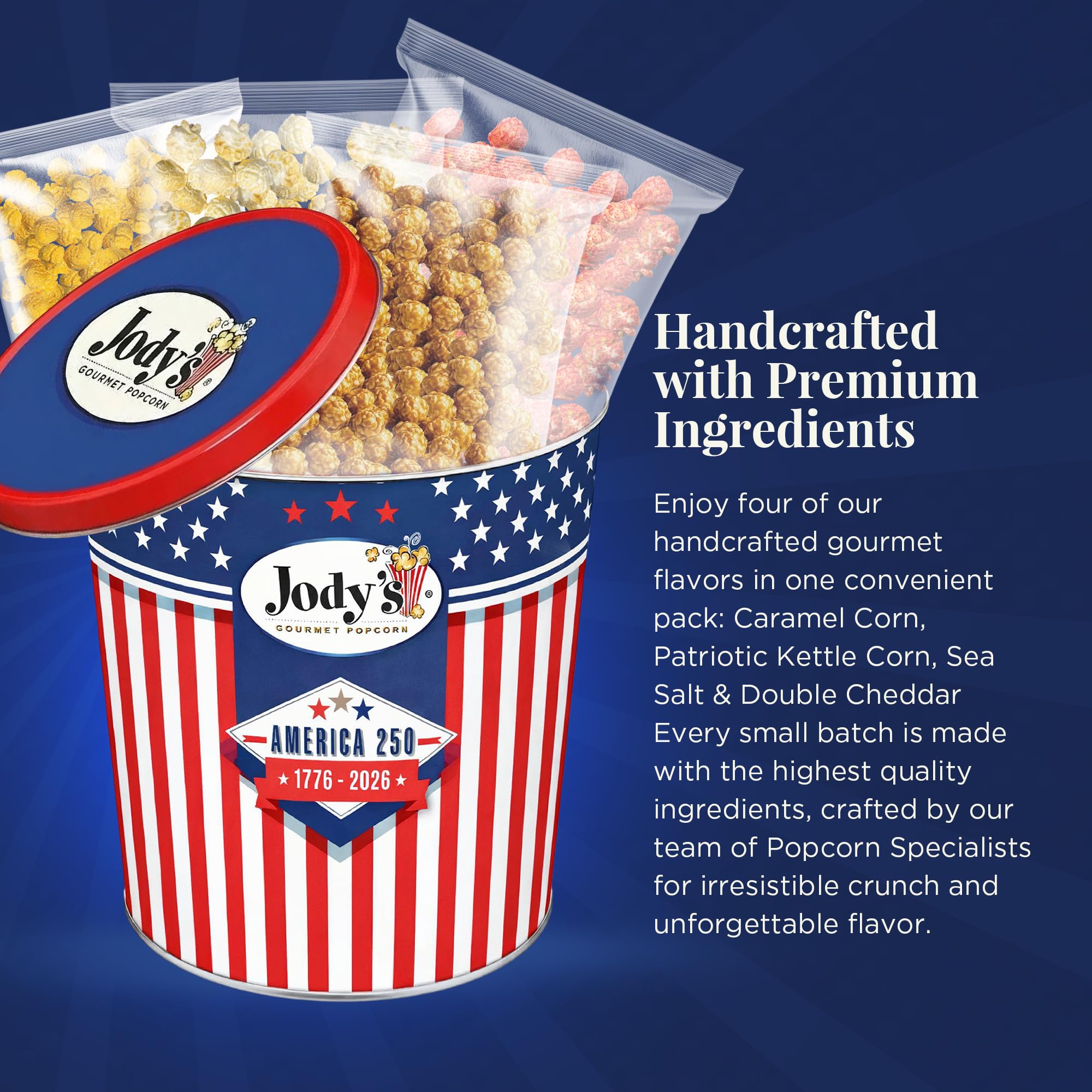 Jody's Gourmet Popcorn Red White & Blue Stripes Tin - 4th of July Popcorn Variety With Caramel Corn, Patriotic Kettle Corn, Double Cheddar, Sea Salt