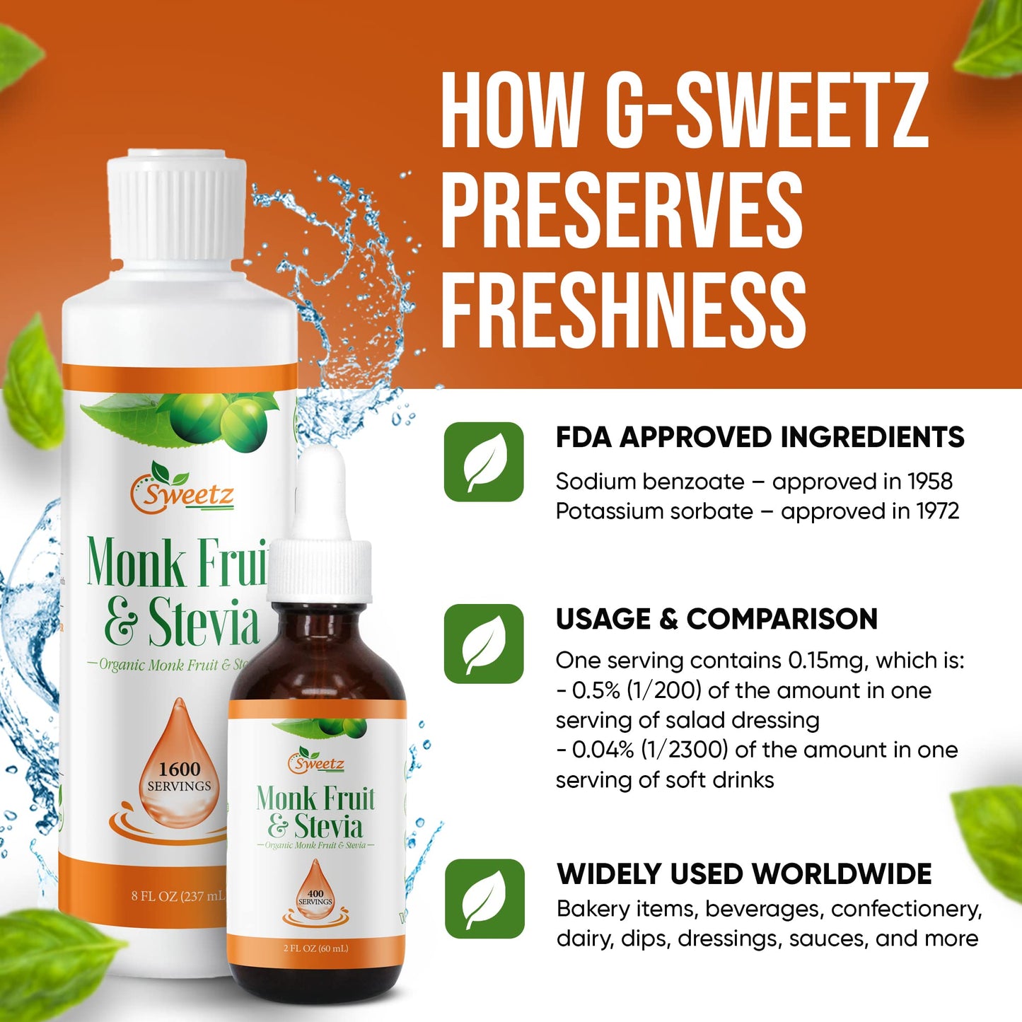Monk Fruit & Stevia Liquid Sweetener Drops - Natural Sweeteners & Sugar Alternatives - Delicious Blend with No Bitter Aftertaste - Concentrated Sweetener Liquid Drops Extract - 8 FL OZ (1600 Servings)