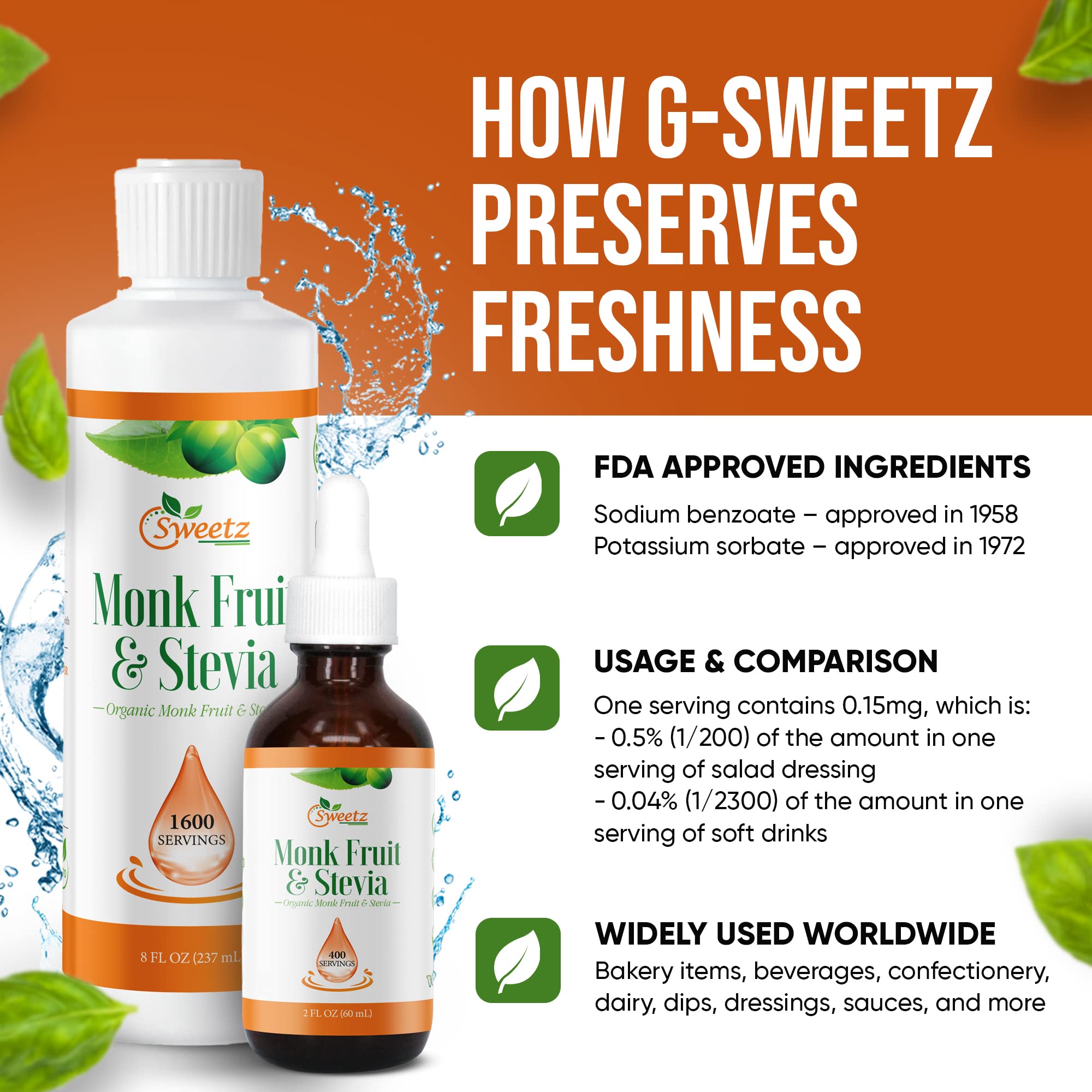 Monk Fruit & Stevia Liquid Sweetener Drops - Natural Sweeteners & Sugar Alternatives - Delicious Blend with No Bitter Aftertaste - Concentrated Sweetener Liquid Drops Extract - 8 FL OZ (1600 Servings)