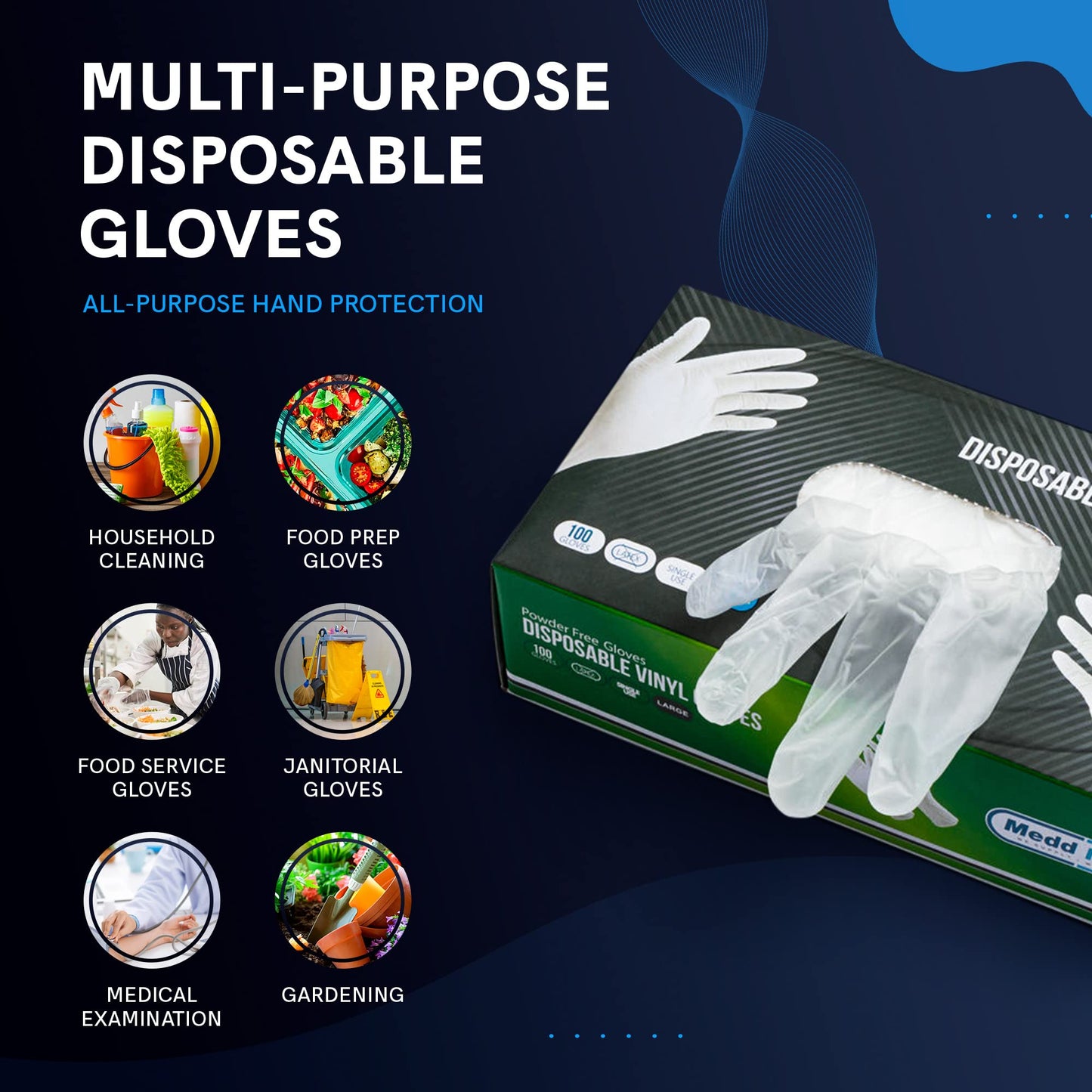 MEDD MAX Disposable Vinyl Gloves Powder Free Non Latex Allergy Free, Clear Multi-Purpose Heavy Duty Super Strength Plastic Rubber Vynil Cleaning