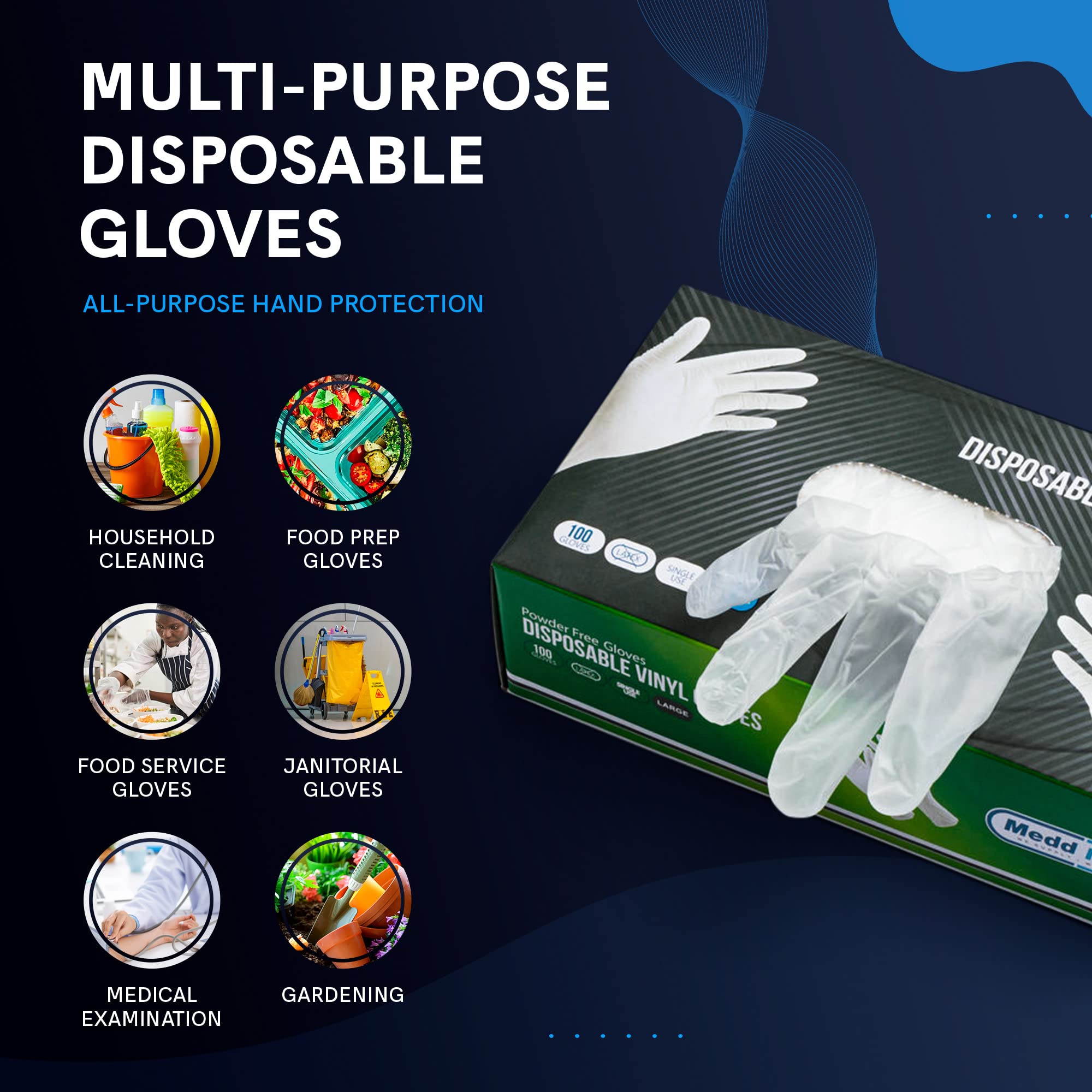 MEDD MAX Disposable Vinyl Gloves Powder Free Non Latex Allergy Free, Clear Multi-Purpose Heavy Duty Super Strength Plastic Rubber Vynil Cleaning