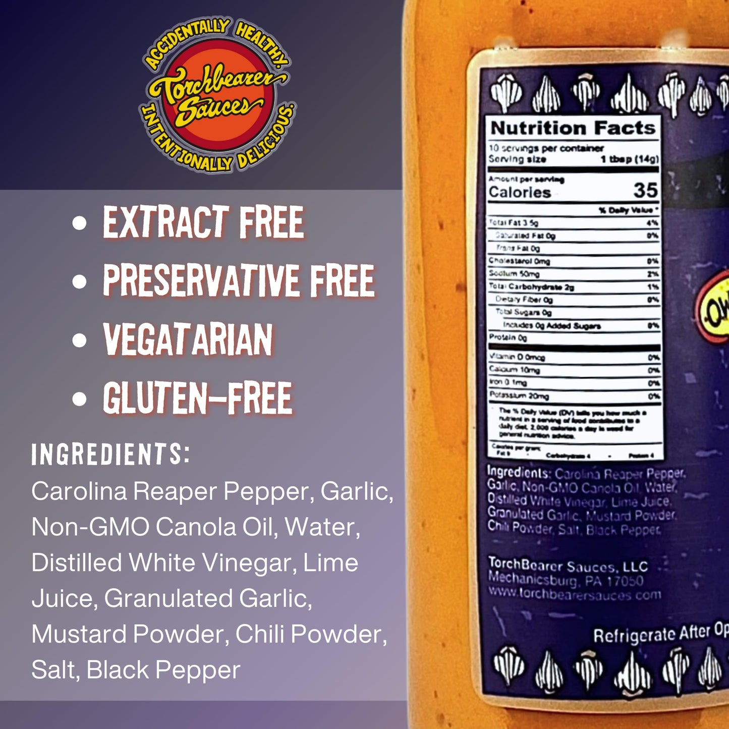 Torchbearer Sauces Garlic Reaper Sauce, 5oz Garlic & Carolina Reaper Hot Sauce, Heat Level 9 - Featured on Hot Ones - All Natural, Extract-Free, Made