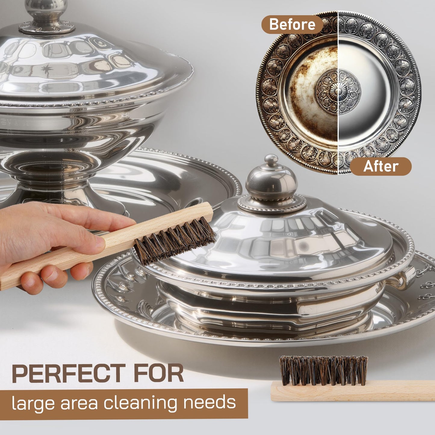 Horsehair Detail Brush Set 2pcs Silver Cleaning Brushes & Polish Cloth Perfect for Detailing, Polish Work, Fine and Heirloom Silverware Plateware
