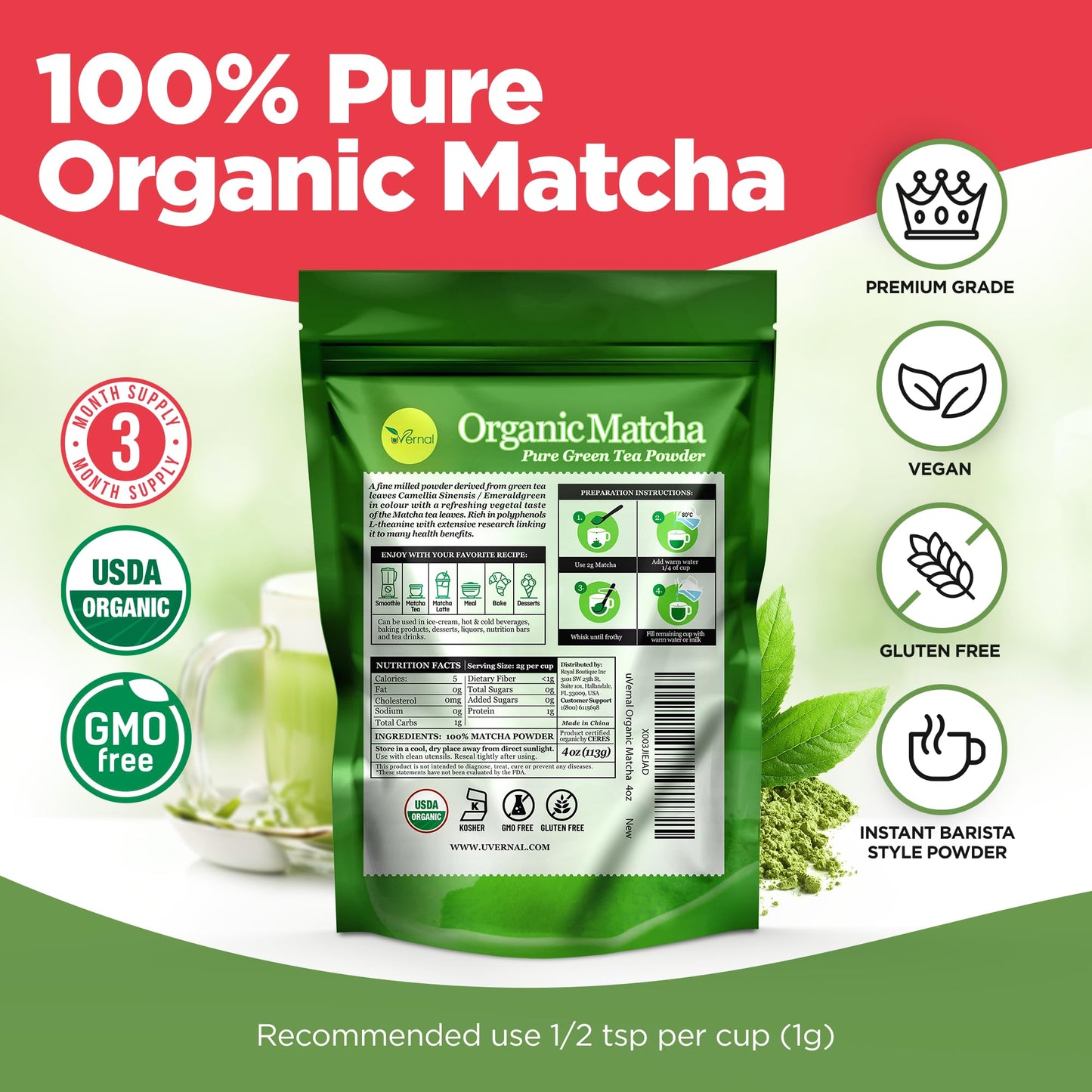uVernal Organic Matcha Green Tea Powder - 100% Pure Matcha for Smoothies Latte and Baking Easy to Mix - 4oz Kosher Pareve