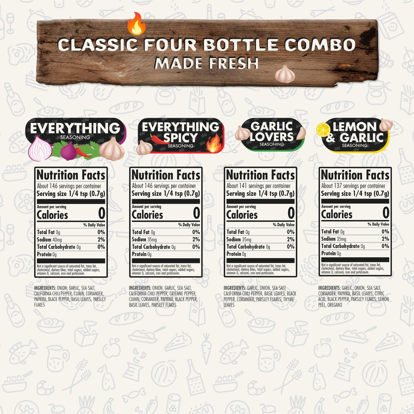 Flavor God Classic Combo Pack Of 4 Seasoning & Spices for Cooking, Everything, Everything Spicy, Garlic Lovers, Lemon & Garlic, Low Sodium, Healthy