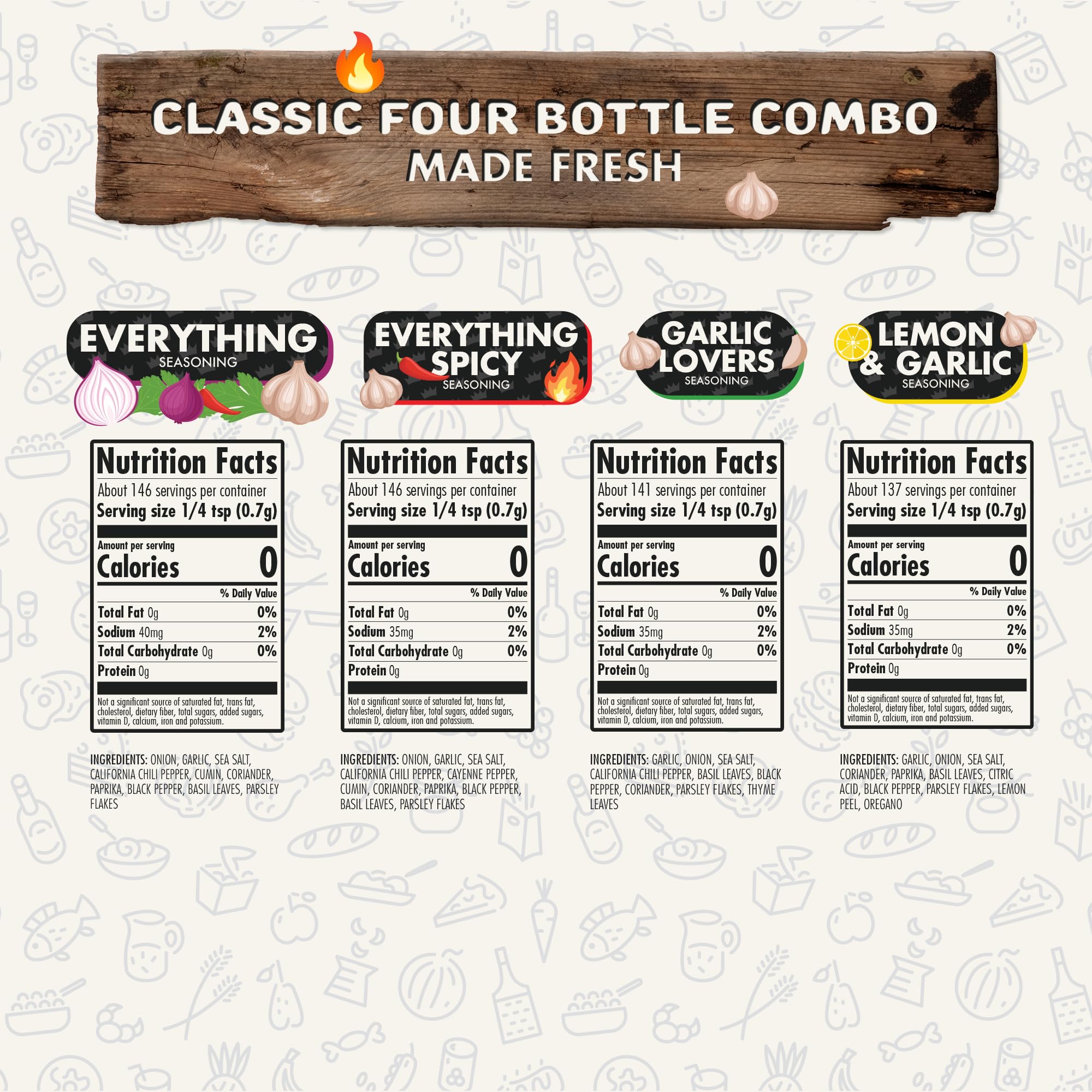 Flavor God Classic Combo Pack Of 4 Seasoning & Spices for Cooking, Everything, Everything Spicy, Garlic Lovers, Lemon & Garlic, Low Sodium, Healthy