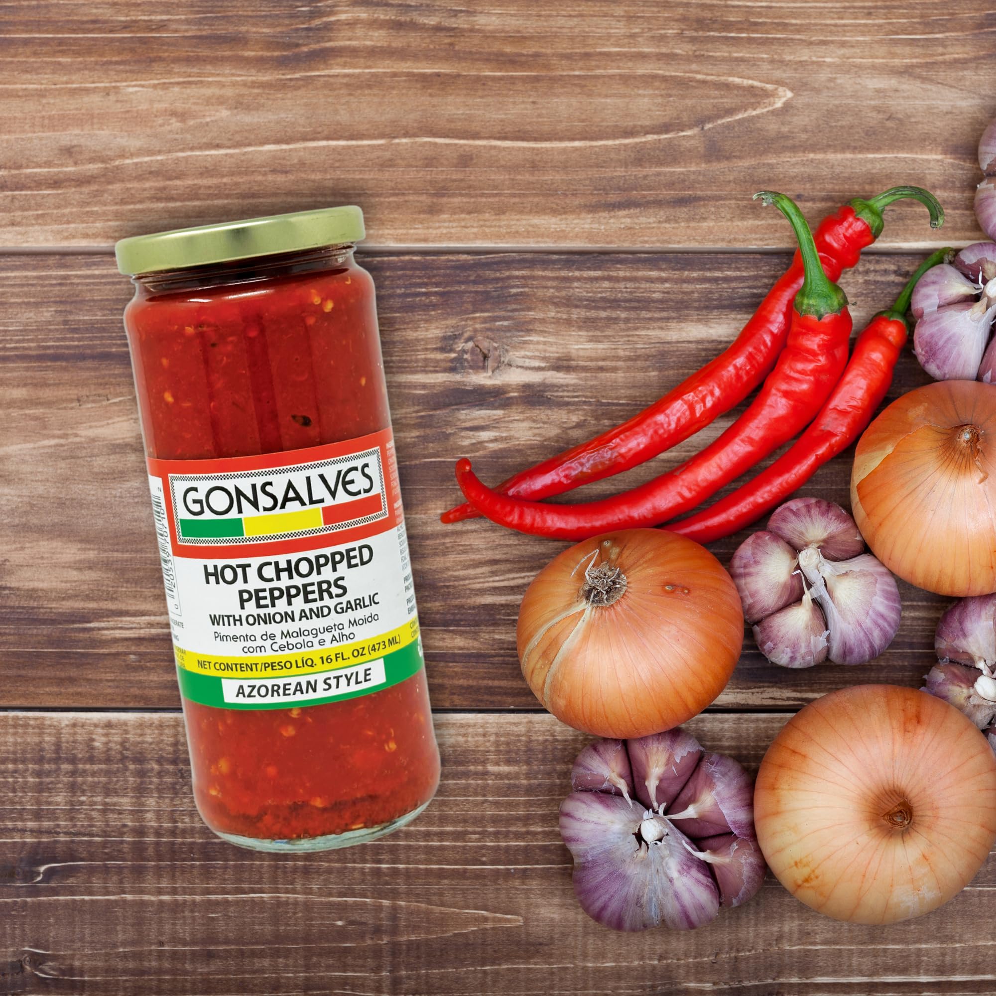 Gonsalves Hot Chopped Peppers Onion and Garlic Pimenta Cebola & Alho 16 oz