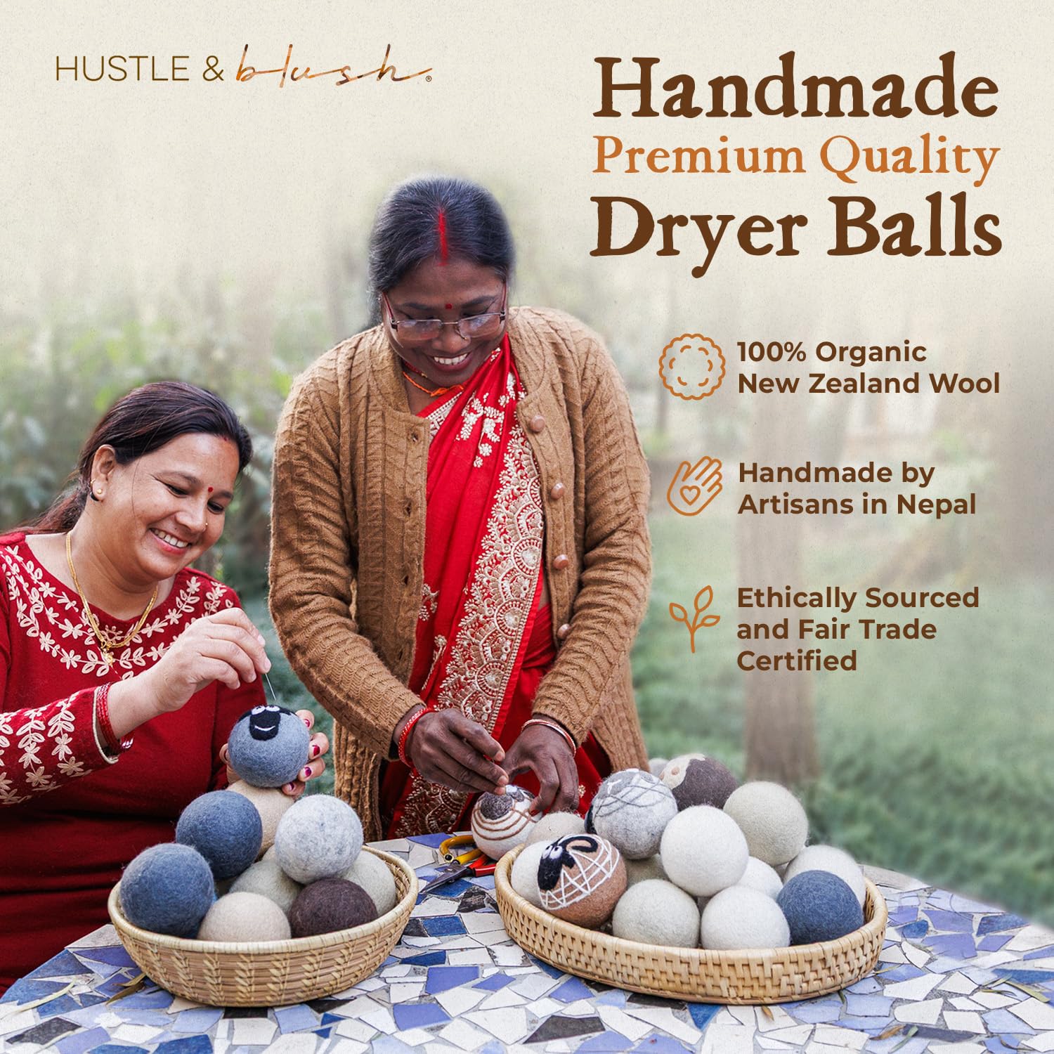 Hustle & Blush Fluff Ewes Wool Dryer Balls 6 Pack - XL Rainbow or Shine Premium New Zealand Laundry Set, Reduces Drying Time, Static Control, Chemical