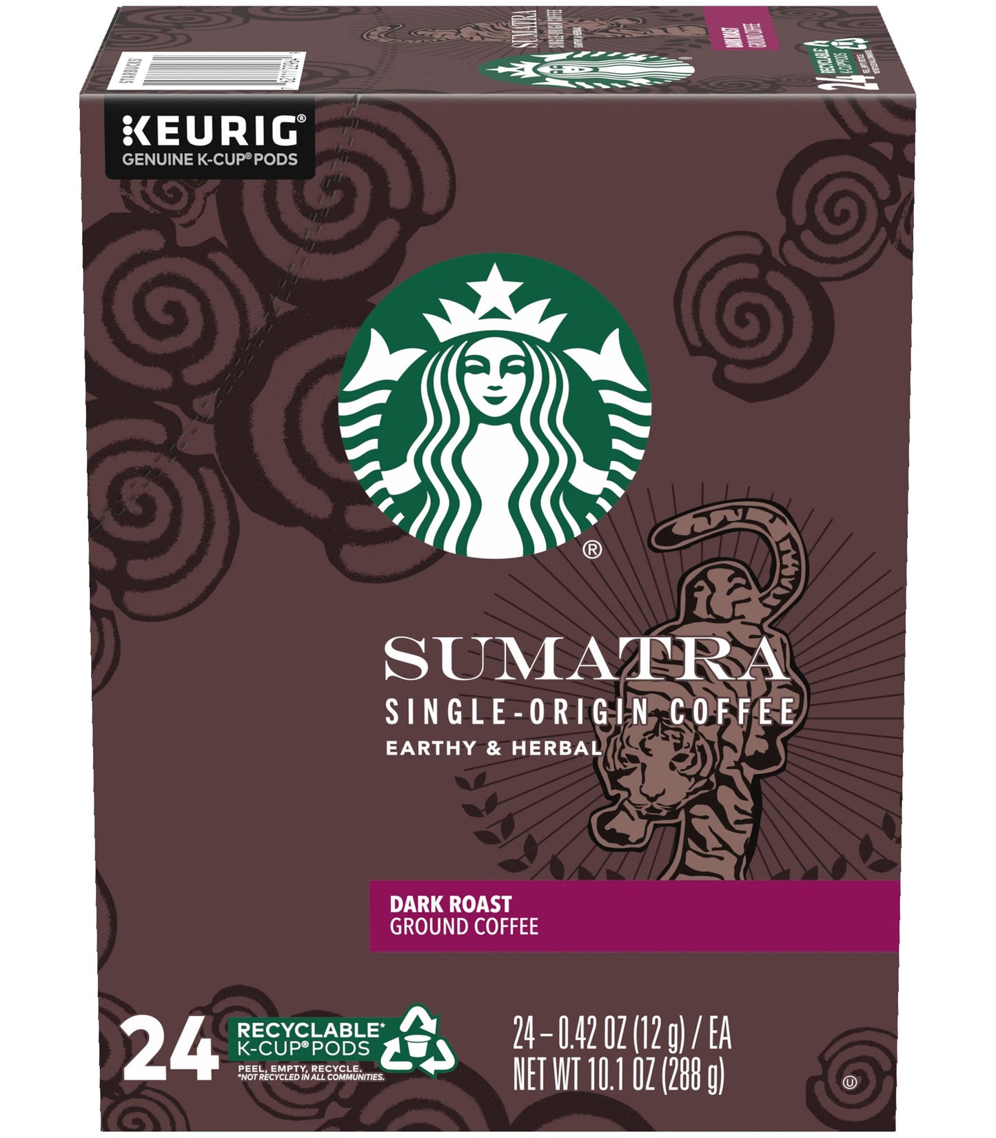 Starbucks Sumatra Single-Origin Coffee K-Cup Pods, Dark Roast Ground Coffee with Earthy & Herbal Flavor, 24 CT K-Cup Pods Per Box (Pack of 2 Boxes)