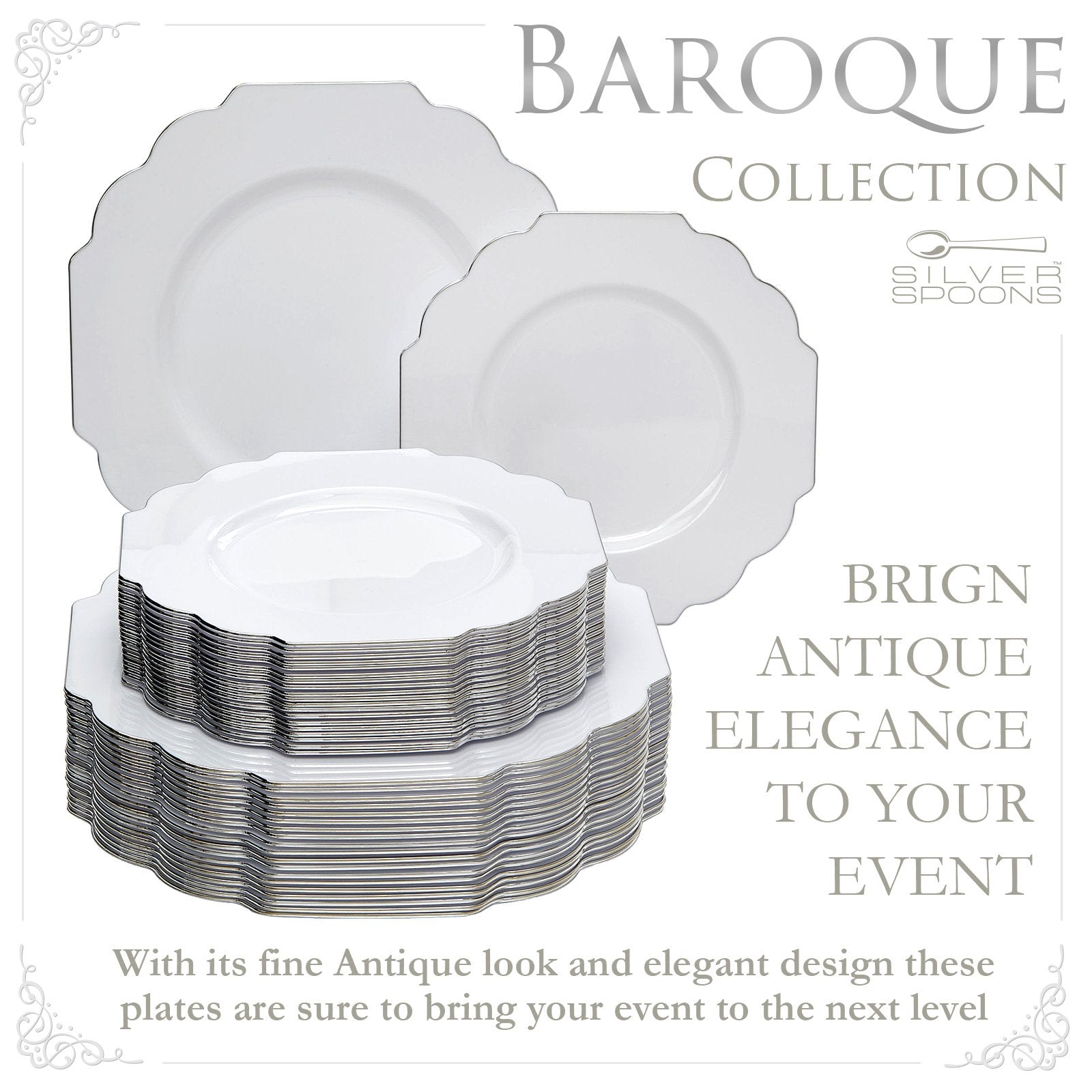 PARTY DISPOSABLE 40 PC PLASTIC PLATE SET | 20 Dinner Plates | 20 Side Plates | Heavyweight Plastic Dishes | Elegant Fine China Look | for Upscale