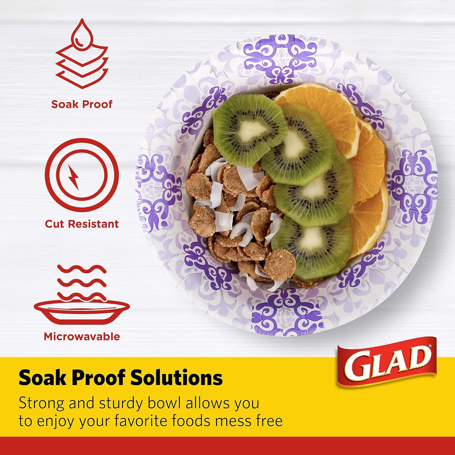 Glad Round Disposable Paper Bowls, Purple Victorian Design - Heavy Duty, Soak-Proof, Cut-Resistant, Microwavable Paper Bowls for All Foods and Daily