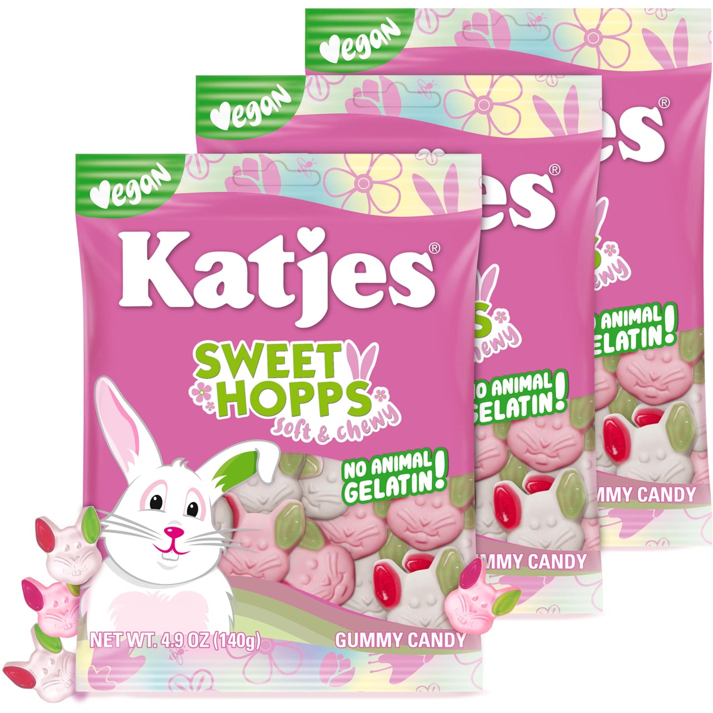 Katjes Sweet Hopps Soft & Flavorful Foam & Fruity Gummy Candy, (3 Pack), Colorful Bunny Shapes, No Artificial Dyes or Flavors, Gelatin Free, Kids