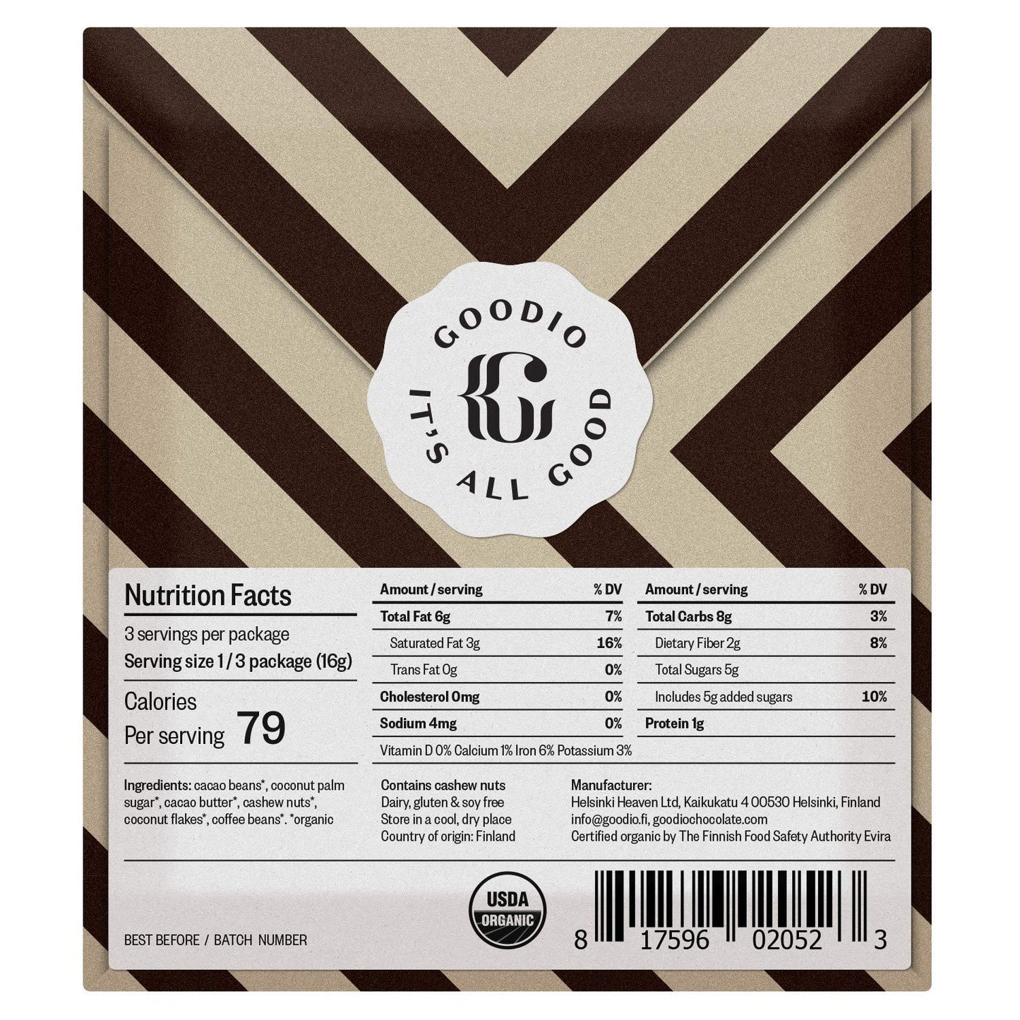 Goodio Organic Chocolate Bar, Coffee 56%, 1.7 Ounce, Vegan, Gluten-free, Soy-Free, non-GMO