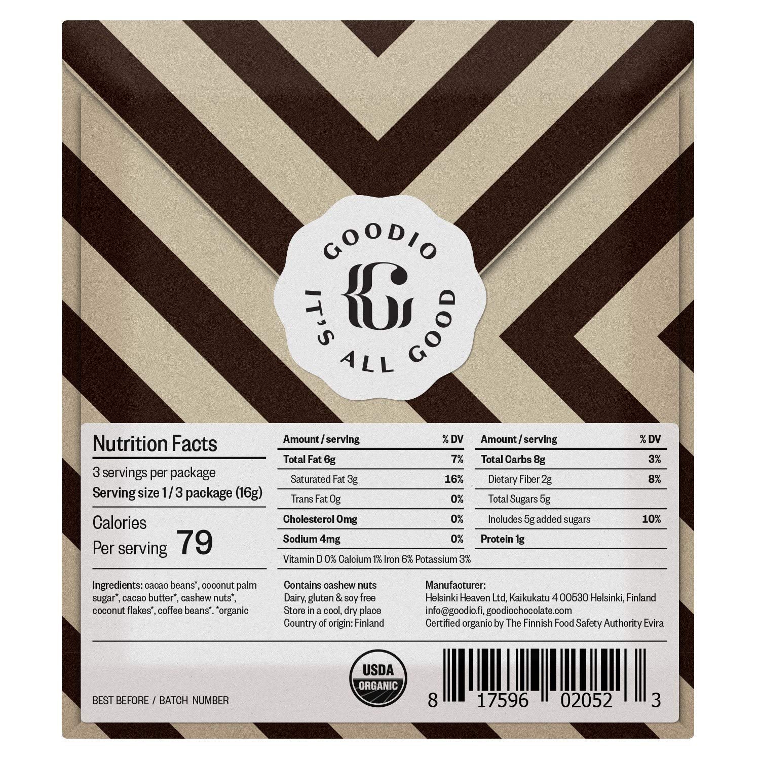 Goodio Organic Chocolate Bar, Coffee 56%, 1.7 Ounce, Vegan, Gluten-free, Soy-Free, non-GMO