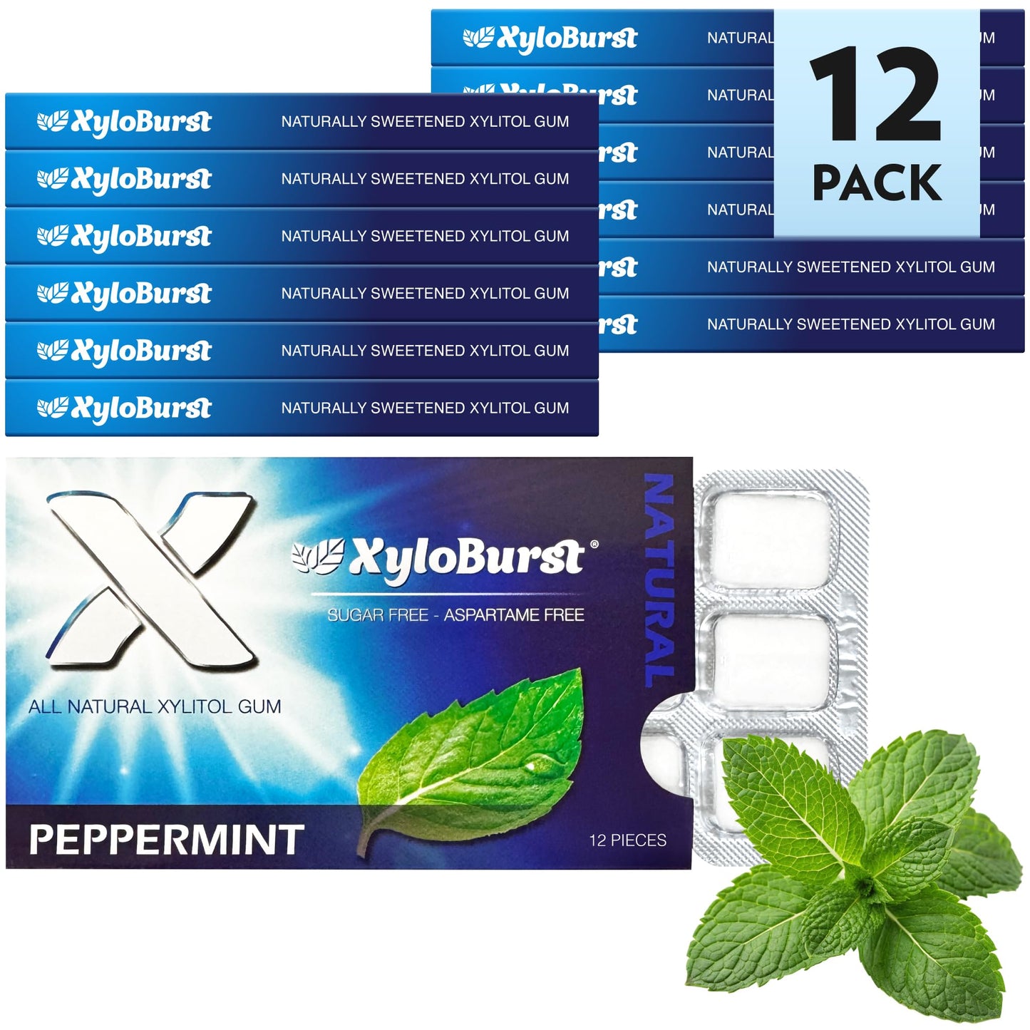 XyloBurst Gum | Xylitol Chewing Gum | Sugar Free, Gluten Free, Keto Friendly | Aspartame Free Gum For Oral Health | Peppermint | 12 Pieces, Pack of 12
