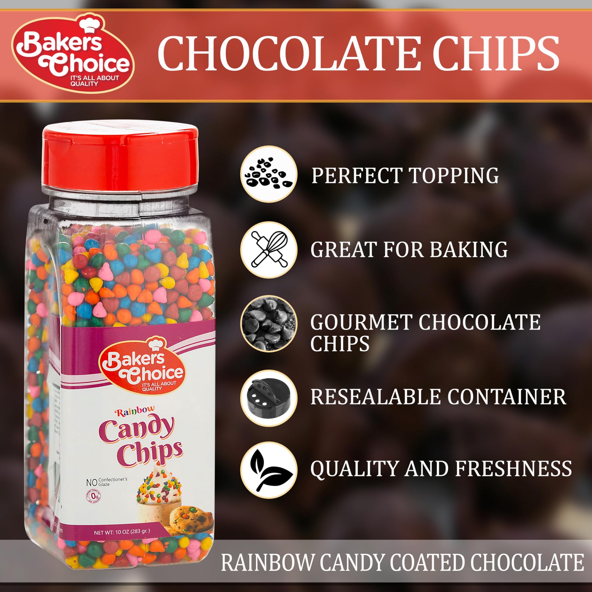 Rainbow Candy Coated Chocolate Chips - Dairy Free, Kosher - 10 oz. - Baker's Choice