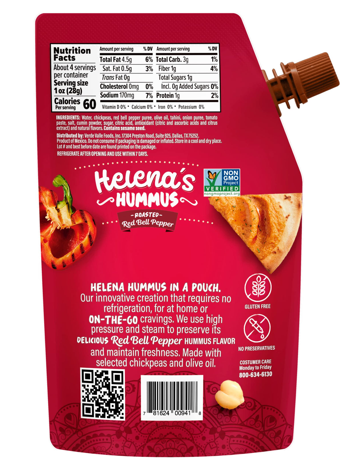 Helena Hummus (3-pack), Shelf-Stable, No Added Preservatives, 2 Natural Classic 4.23 oz and 1 Roasted Bell Pepper Hummus To-Go, 4.23 oz (1 Tripack)