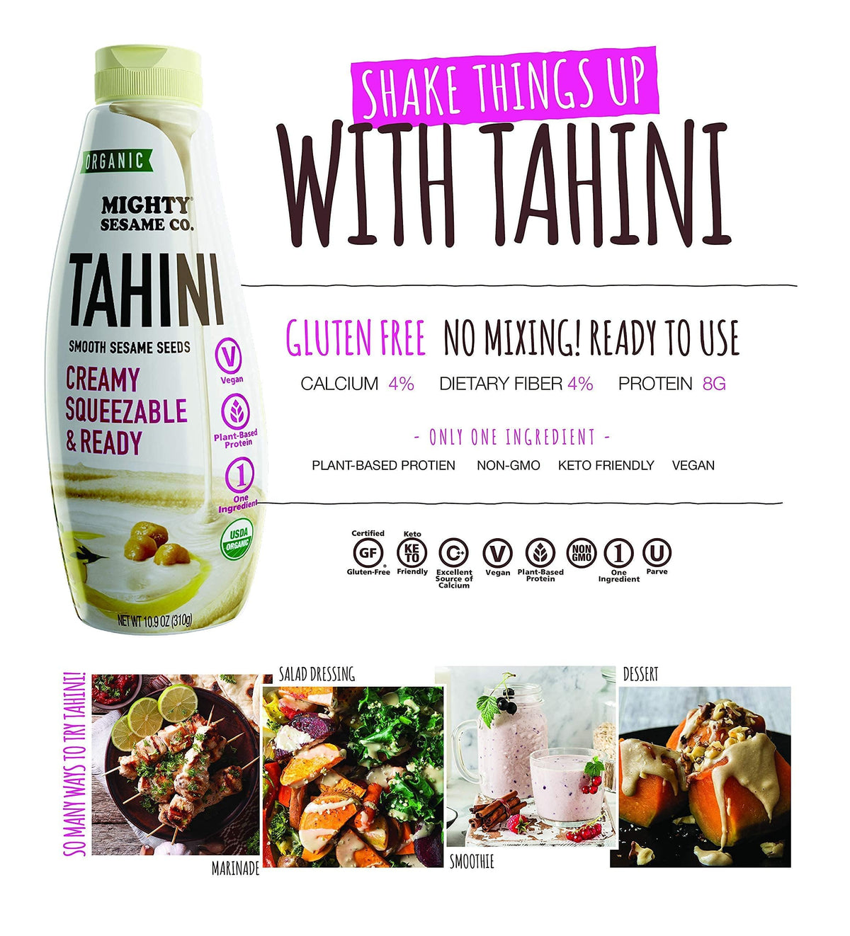 Mighty Sesame Co. Organic Tahini, Squeezable Creamy & Ready Tahini Paste, 10.9oz (2 Pack) Gluten Free, Vegan, Non GMO, Keto Friendly, Plant Based